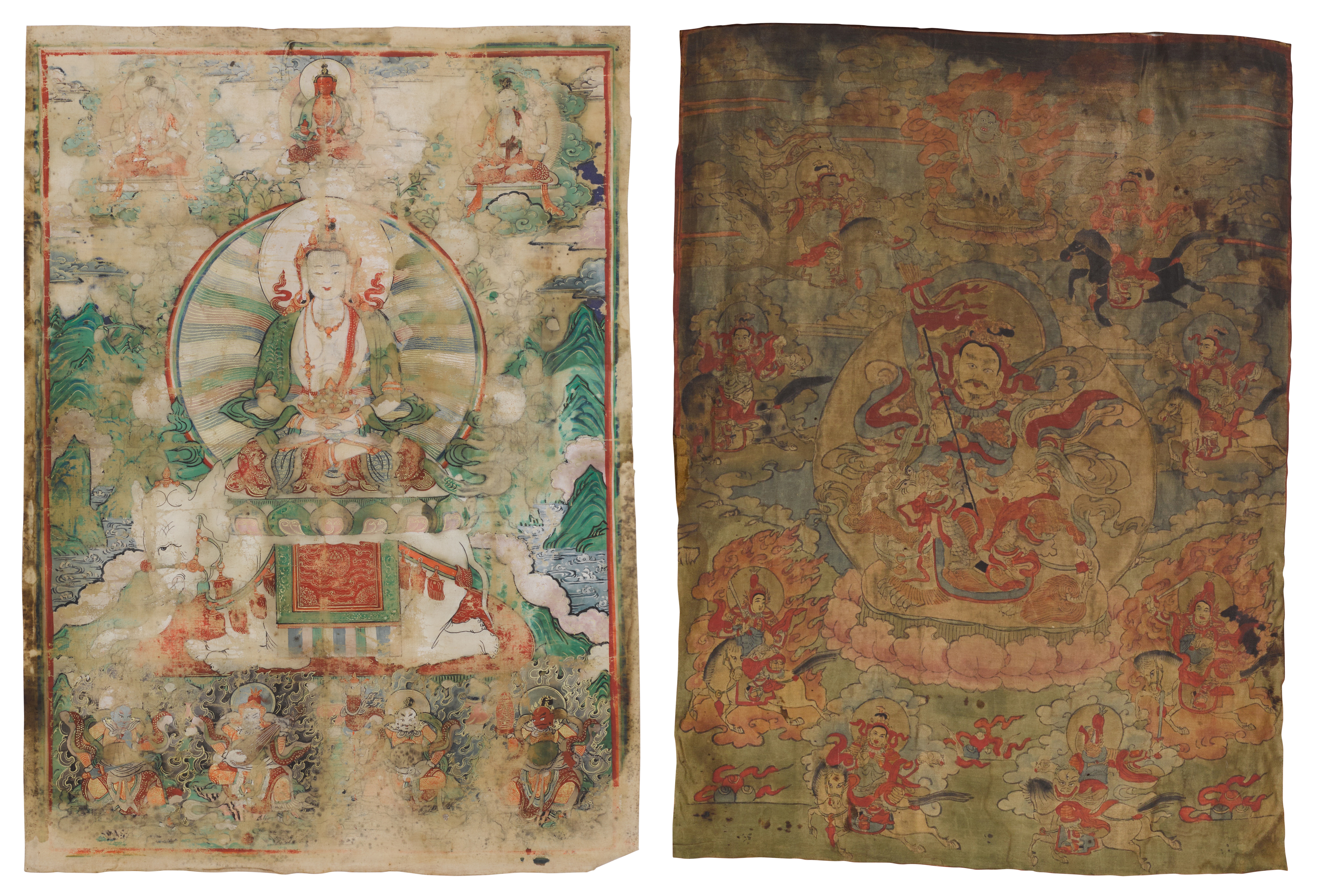 Two thangkas depicting Vaishravana and Samantabhadra,