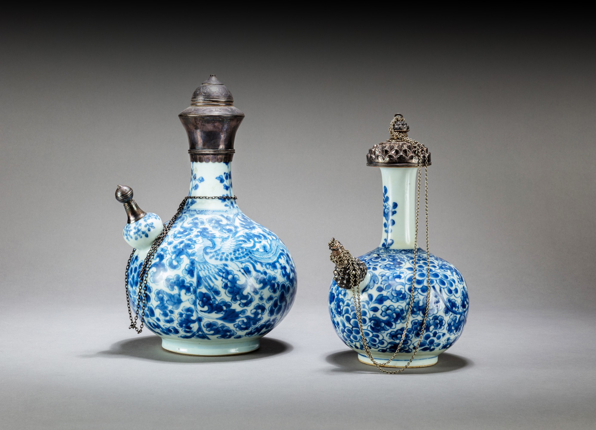 Two silver-mounted blue and white kendi