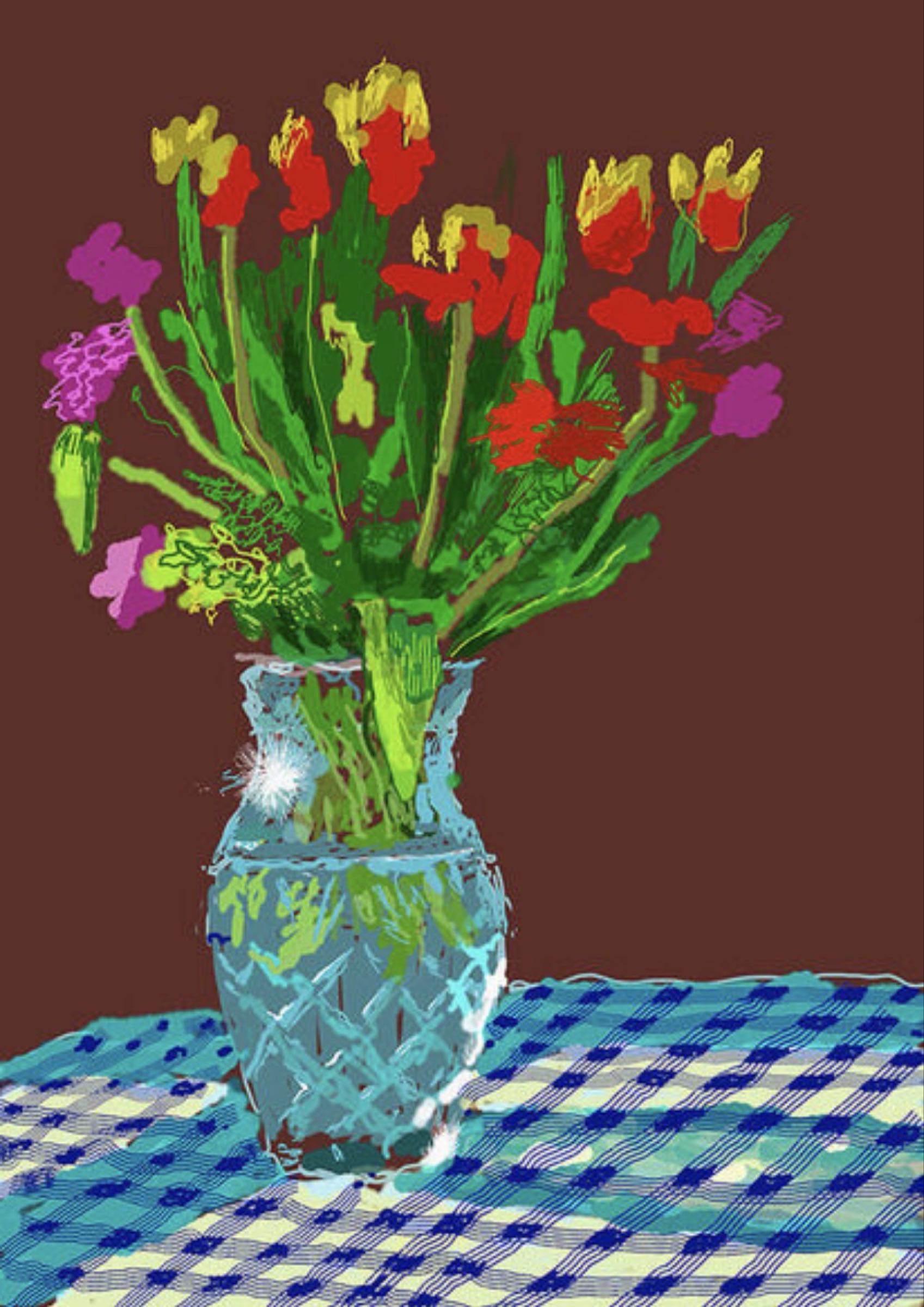 24th February 2021, Red, Yellow and Purple Flowers on a Blue Tablecloth