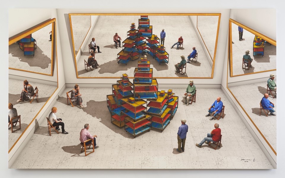 David Hockney — Viewers looking at a ready-made with skull and mirrors 2018