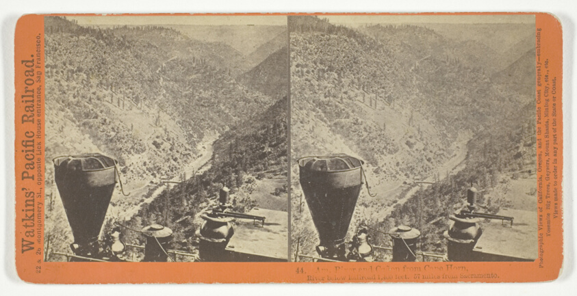 Alfred A. Hart — Am. River and Canon from Cape Horn, River below Railroad 1,400 feet. 57 miles from Sacramento, No. 44 from the series "Watkins' Pacific Railroad"
