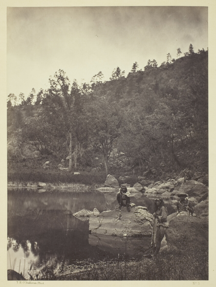 View on Apache Lake, Sierra Blanca Range, Arizona, Two Apache Scouts in the Foreground