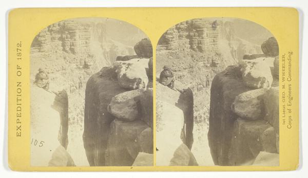 The northern wall of the Grand Cañon of the Colorado, near the foot of To-ro-weap valley. The rounded rocks of the foreground are sand-stone, No. 14 from the series "Geographical Explorations and Surveys West of the 100th Meridian"