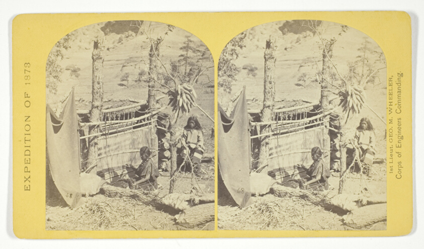 Timothy O'Sullivan (American, born Ireland, 1840–1882) — Aboriginal life among the Navajo Indians, Cañon de Chelle, New Mexico. Squaw weaving blankets. The native loom. The blankets made are of the best quality, and impervious to water, No. 26 from the series "Geographical Explorations and Surveys West of the 100th Meridian"