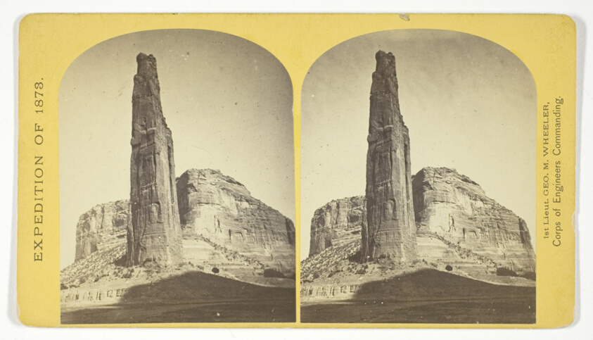 Timothy O'Sullivan (American, born Ireland, 1840–1882) — Explorers Column, Cañon de Chelle, Arizona. This shaft is the work of nature, and is about 900 feet in height; base about 70 by 110 feet. It stands near the center of the Cañon, and it is almost impossible to believe that it is not the work of human hands, No. 23 from the series "Geographical Explorations and Surveys West of the 100th Meridian"