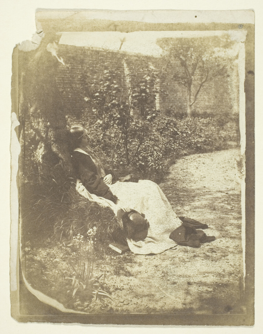 Artist unknown, possibly Benjamin Mulock (English, 1829–1863) — Mrs. Craik Reclining in Garden with Hat and Book
