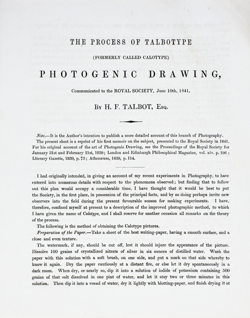 William Henry Fox Talbot — The Process of Talbotype (formerly called Calotype) Photogenic Drawing