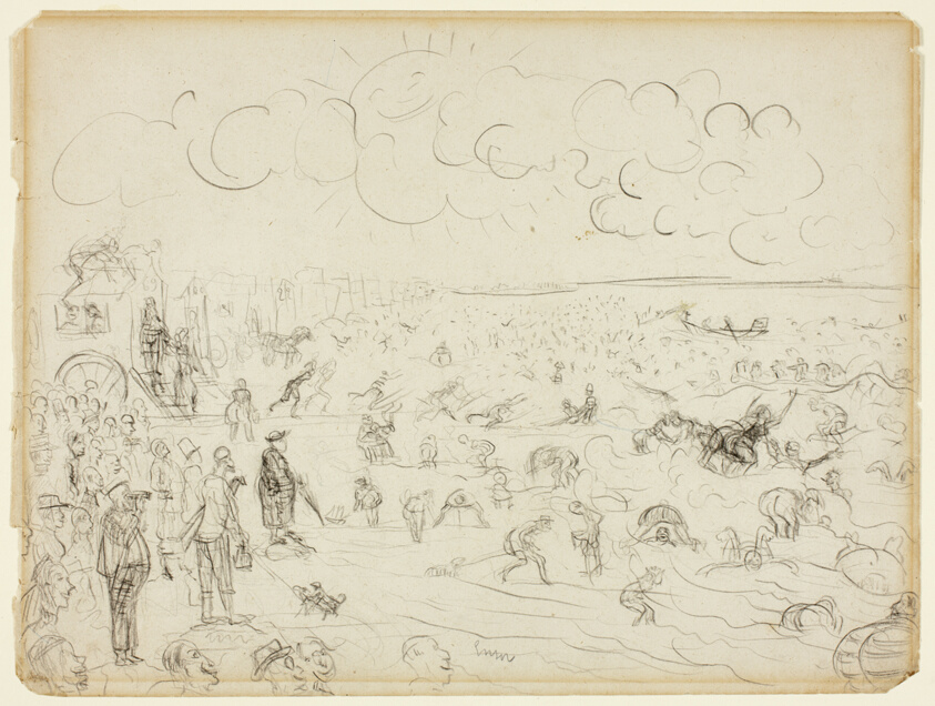 James Ensor — Study for the Baths of Ostend (recto); Notes for Exhibition Installation (verso)