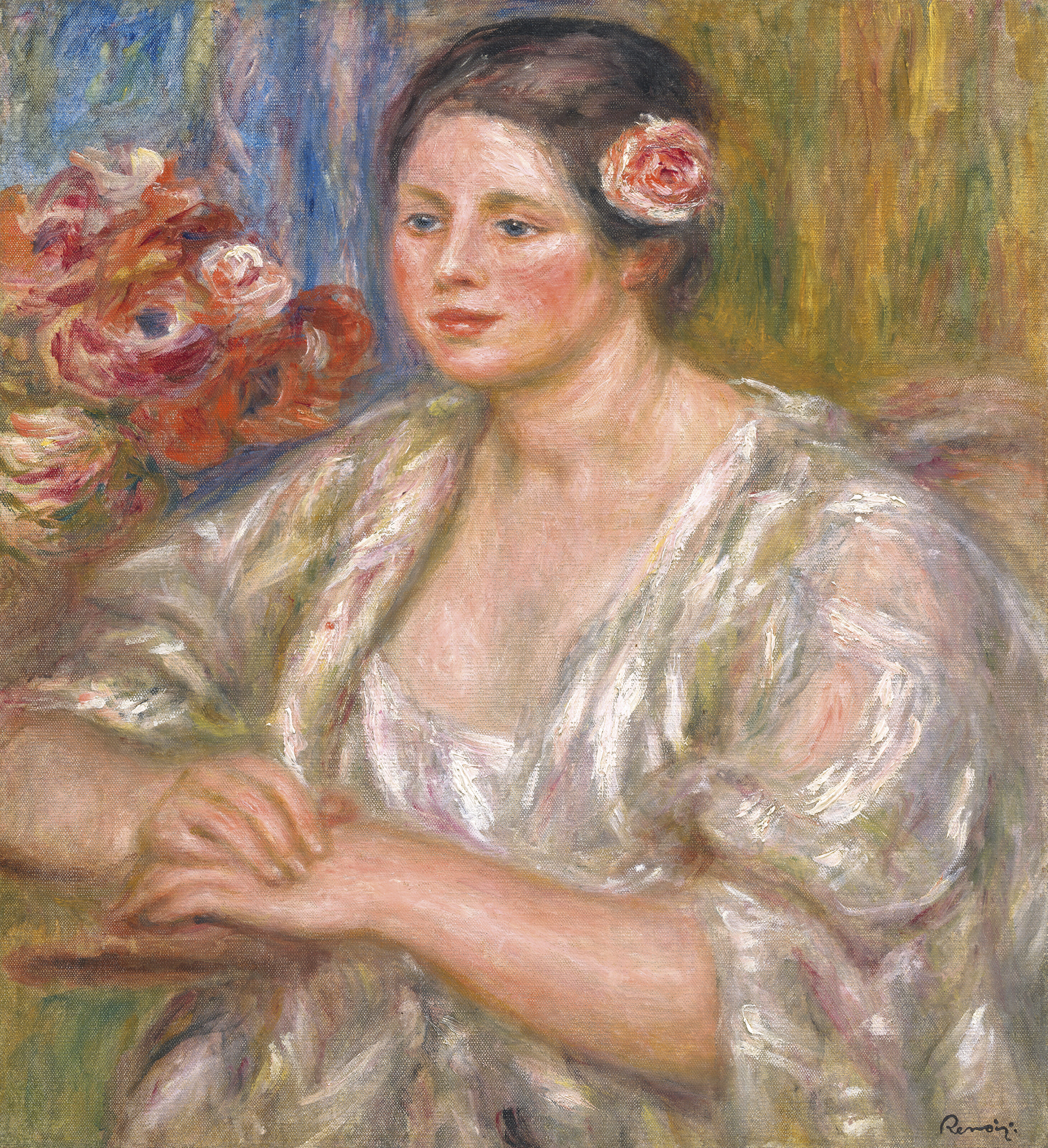 Madeleine au corsage blanc et bouquet de fleurs