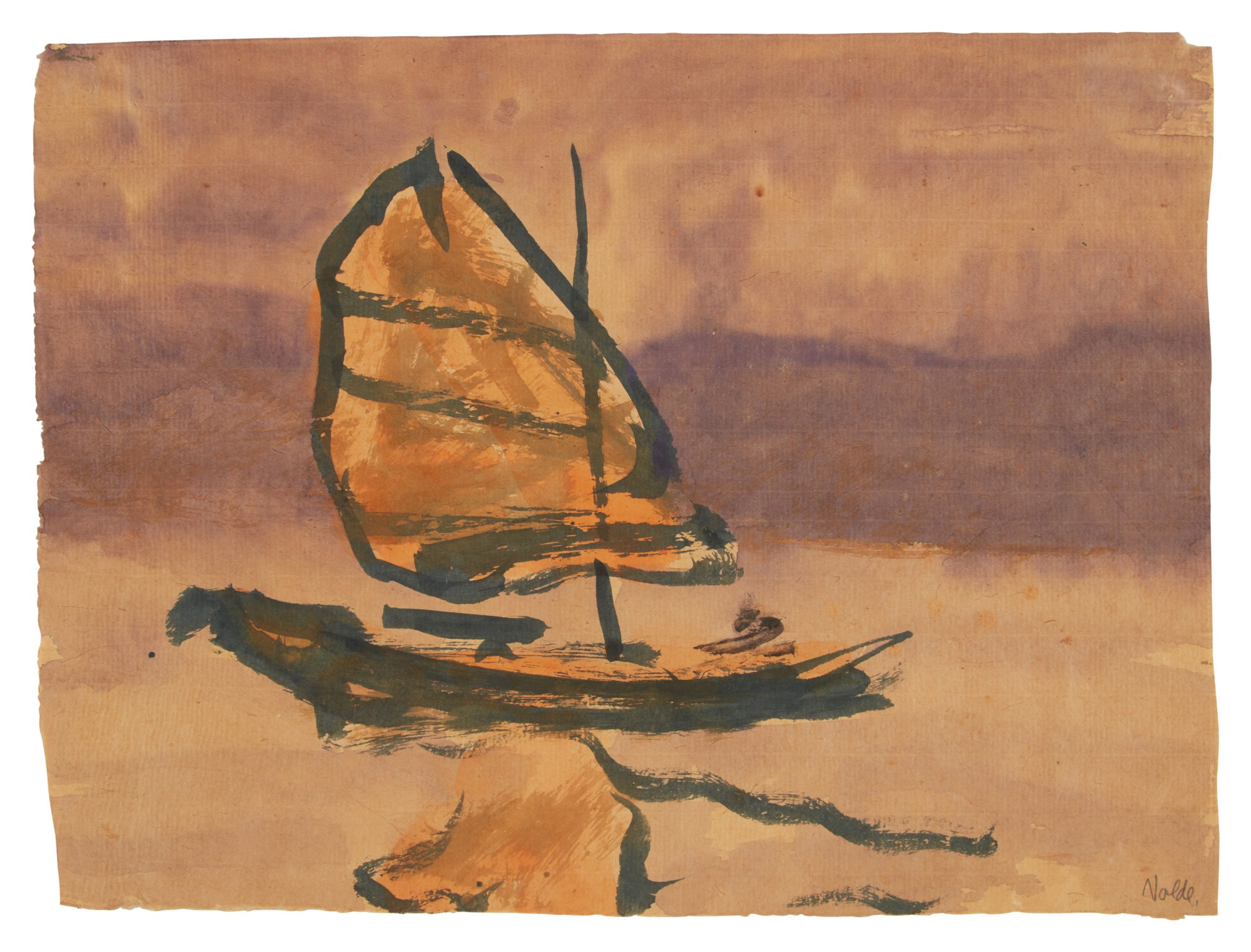 Dschunke mit gelbem Segel vor violettem Himmel   (Junk Boat with Yellow Sail on front of Violet Sky)