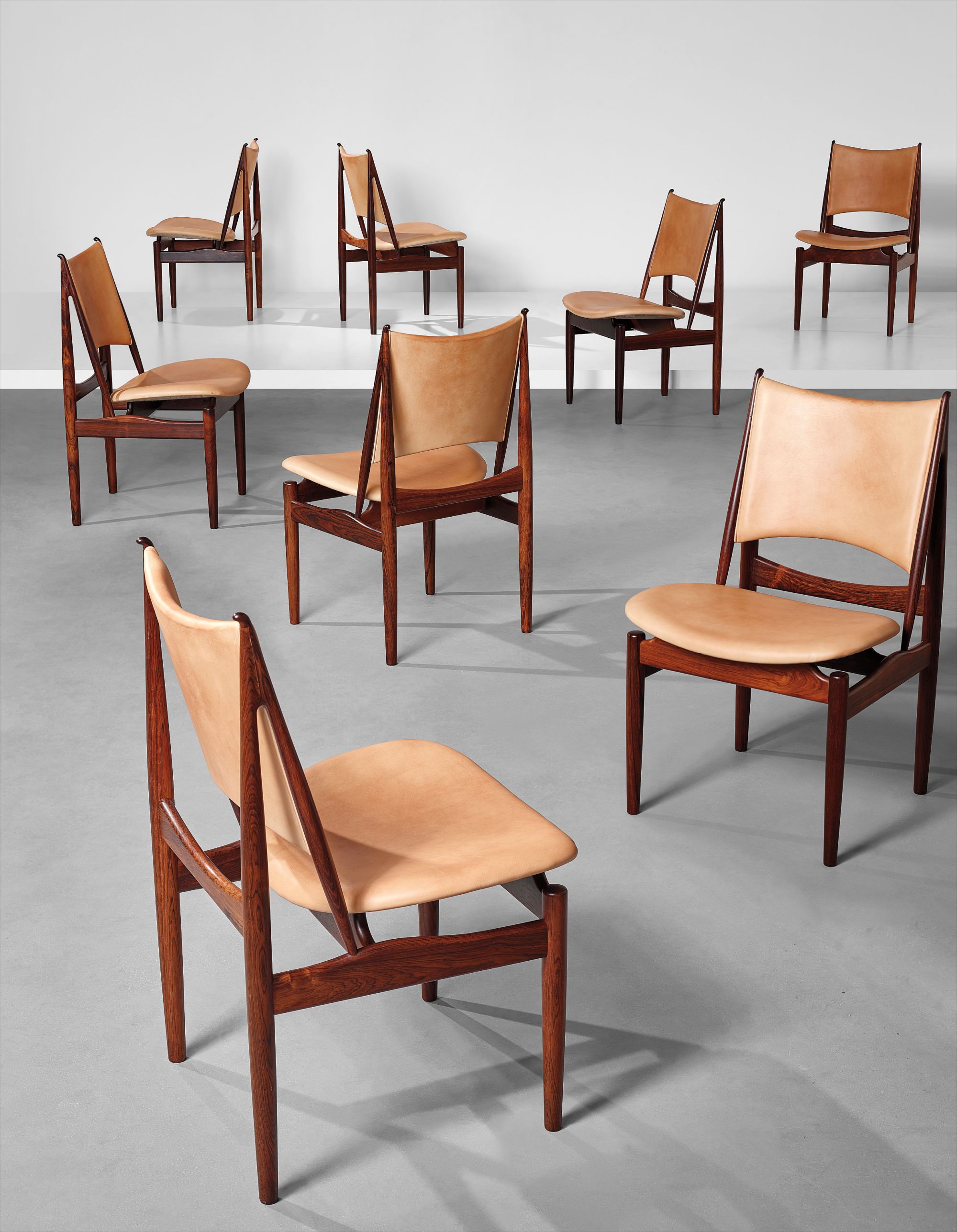 Finn Juhl — Rare set of eight ‘Egyptian’ dining chairs, model no. FJ 49