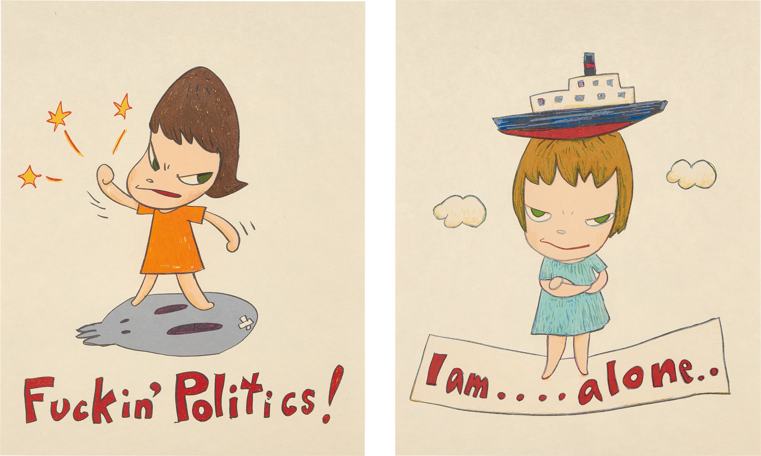 Yoshitomo Nara — (i) Fuckin’ Politics; (ii) I Am Alone