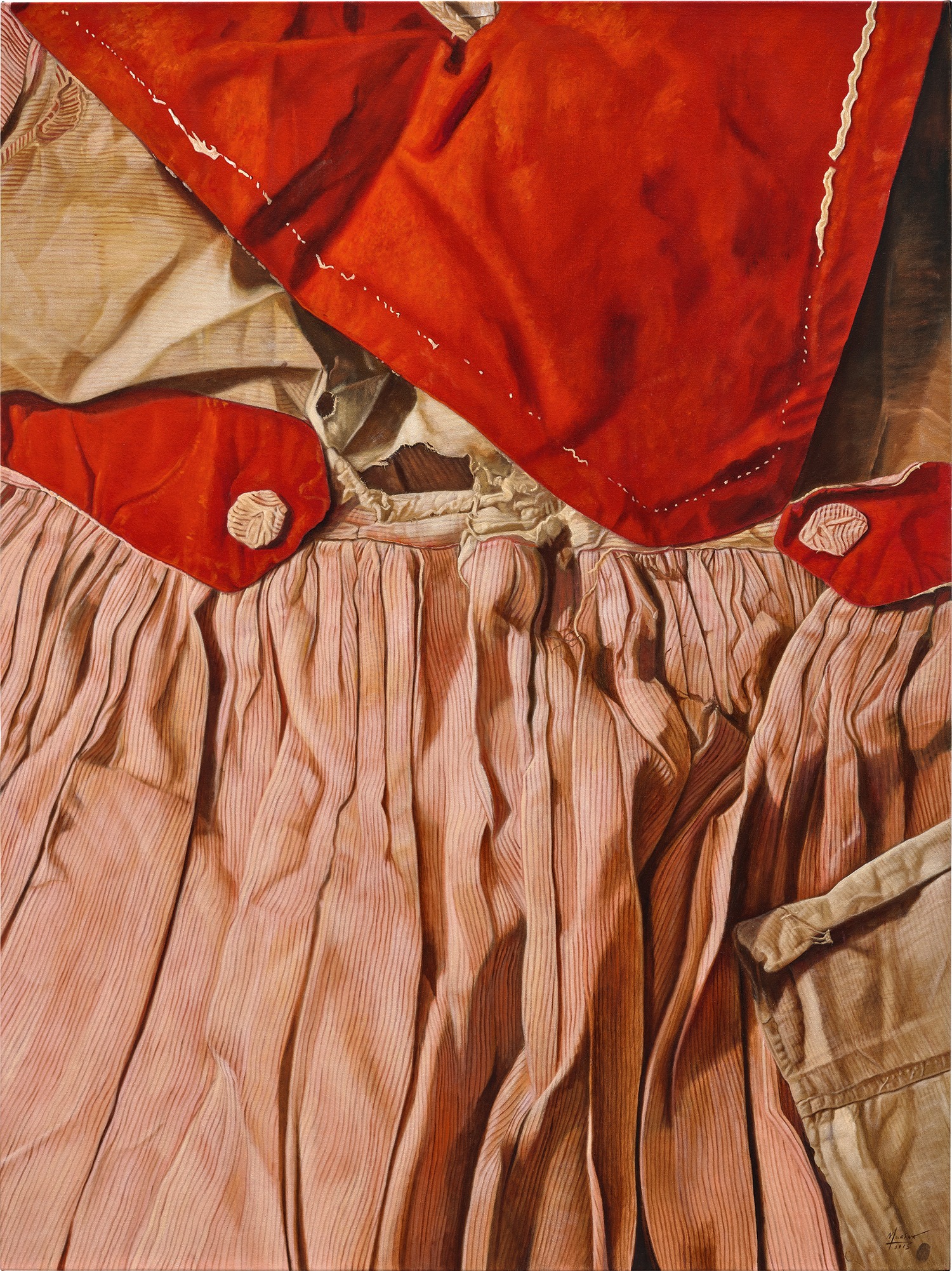 Broken White Threads on Red