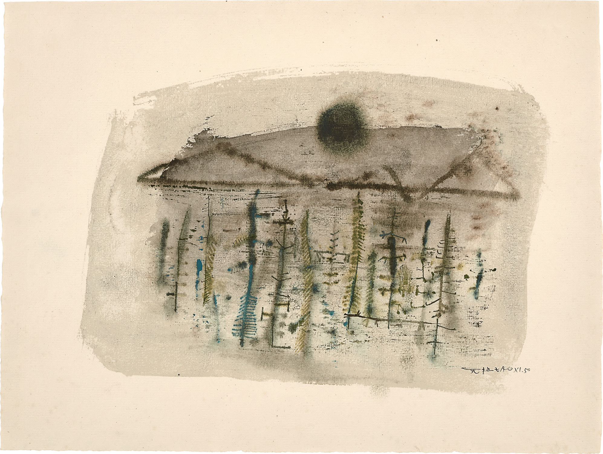 Executed in November 1950, this work is accompanied by a certificate of authenticity issued by the Fondation Zao Wou-Ki.