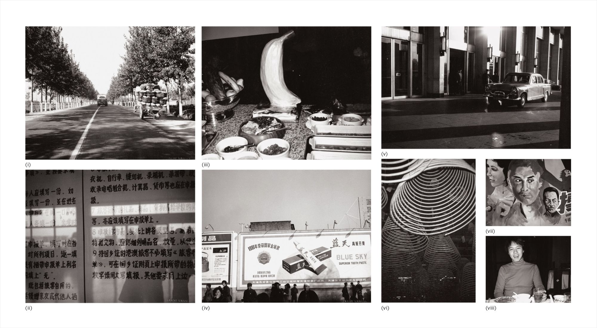 Andy Warhol — Eight works: (i) Street with Trees and Cart; (ii) Chinese Signage; (iii) Buffet Table; (iv) Billboards; (v) Street Scene; (vi) Coiled Incense; (vii) Billboard; (viii) Alfred Siu
