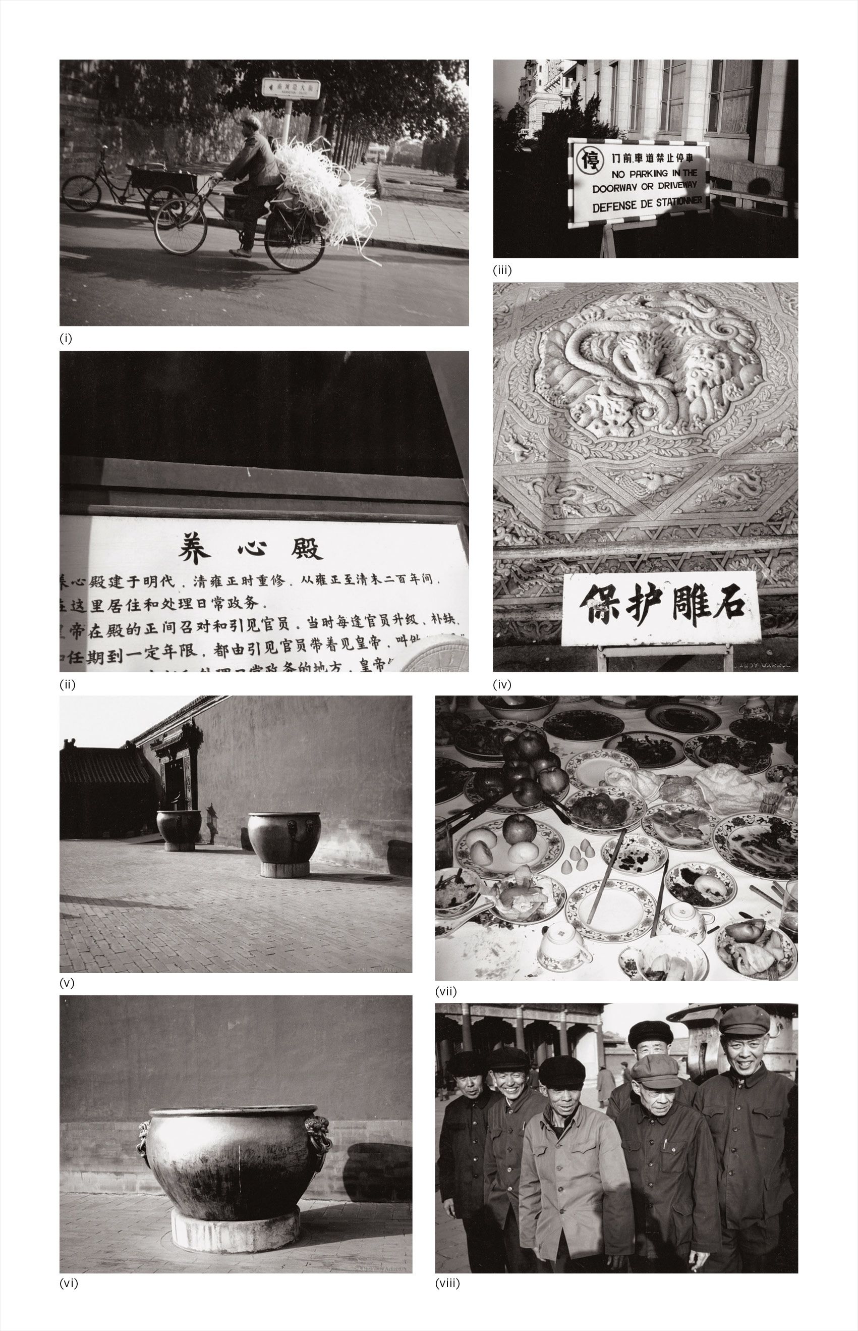 Andy Warhol — Eight works: (i) Street Scene (Man on Bicycle); (ii) Sign in Chinese; (iii) "No Parking" Sign; (iv) Chinese Sculpture; (v) Temple; (vi) Urn; (vii) Restaurant Table; (viii) Men