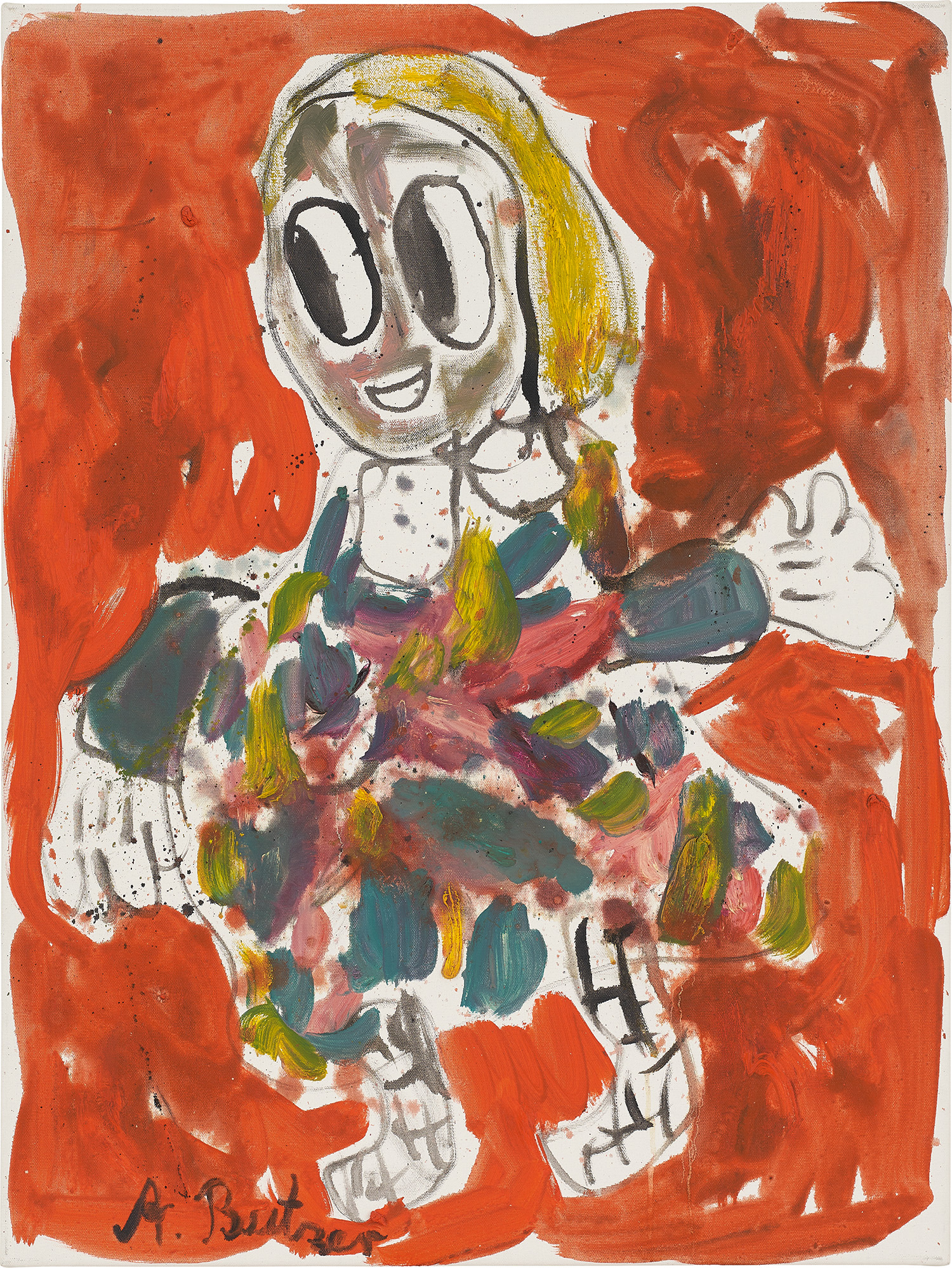 André Butzer — Known for a highly articulate style, somewhere between abstraction and figuration, André Butzer is a contemporary German artist that coined his own genre “Science-Fiction Expressionism”, where he creates works of colourful canvases covered with broad swathes of thickly-applied paint. Through the single figurative depiction of a female character in