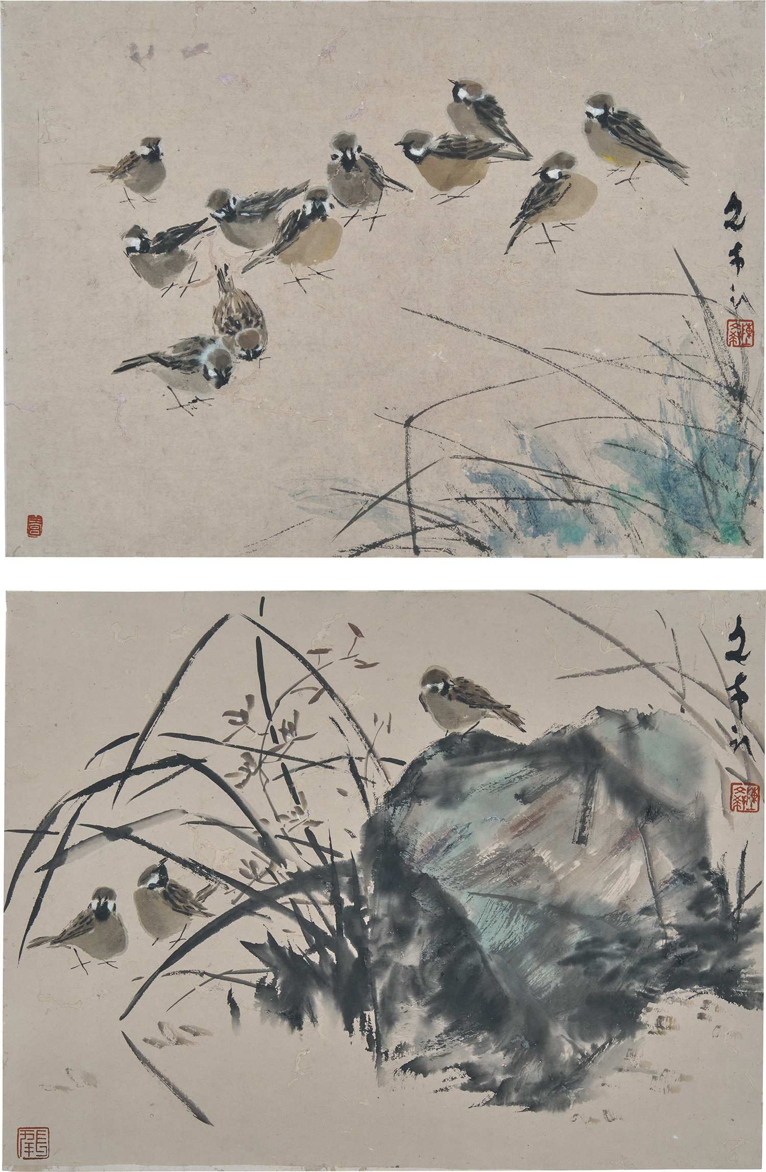 Chen Wen Hsi — Two works: (i) 11 Sparrows (ii) 3 Sparrows by The Rock