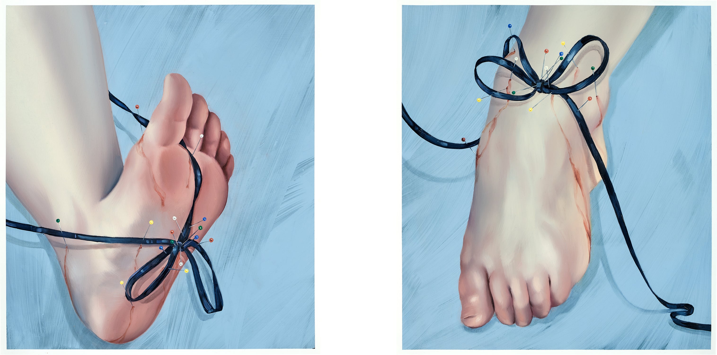 Sarah Slappey — Two works: (i) Navy Ribbon and Pins I; (ii) Navy Ribbon and Pins II