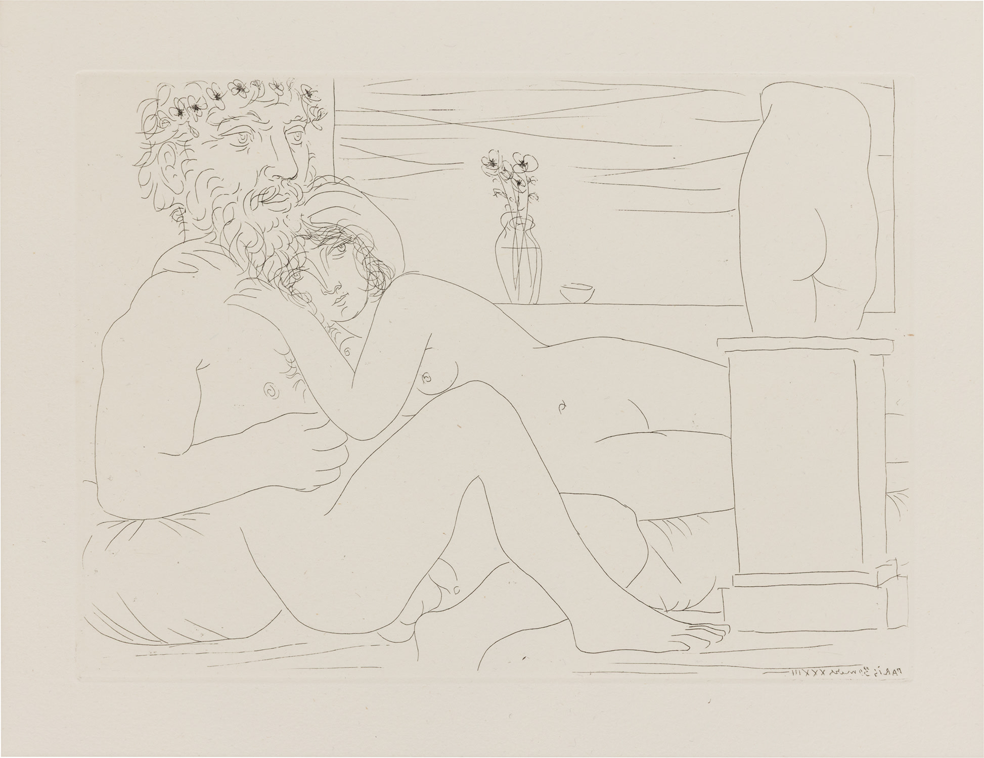Pablo Picasso — Sculpteur au repos avec son modèle, anémones et petit torse (Sculptor at Rest with his Model, Anemones and Small Torso), plate 53 from La Suite Vollard (Bl. 162, Ba. 315)