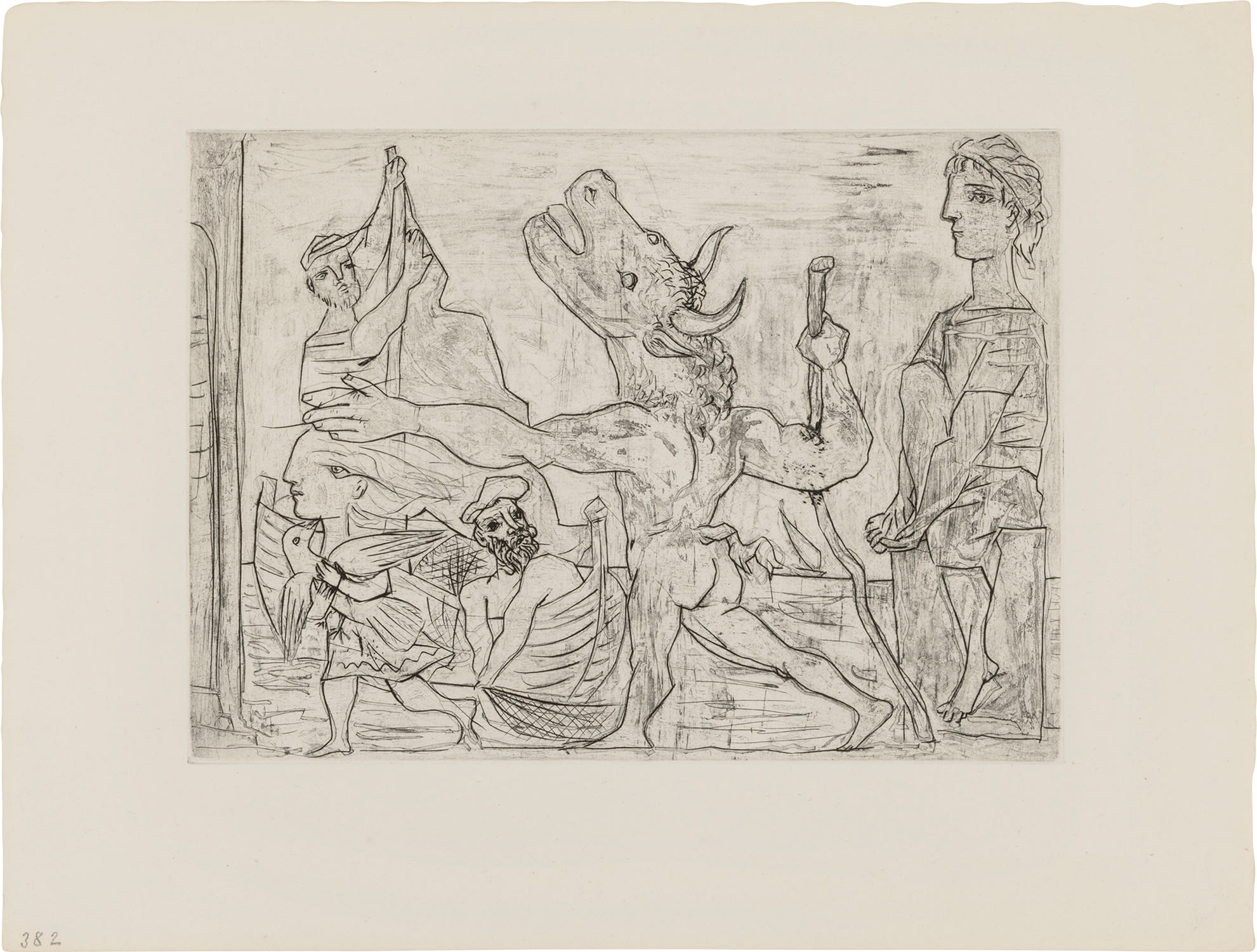 Pablo Picasso — Minotaure aveugle guidé par une petite fille au pigeon (Blind Minotaur Guided by a Little Girl with a Pigeon), plate 95 from La Suite Vollard (Bl. 224, Ba. 436)
