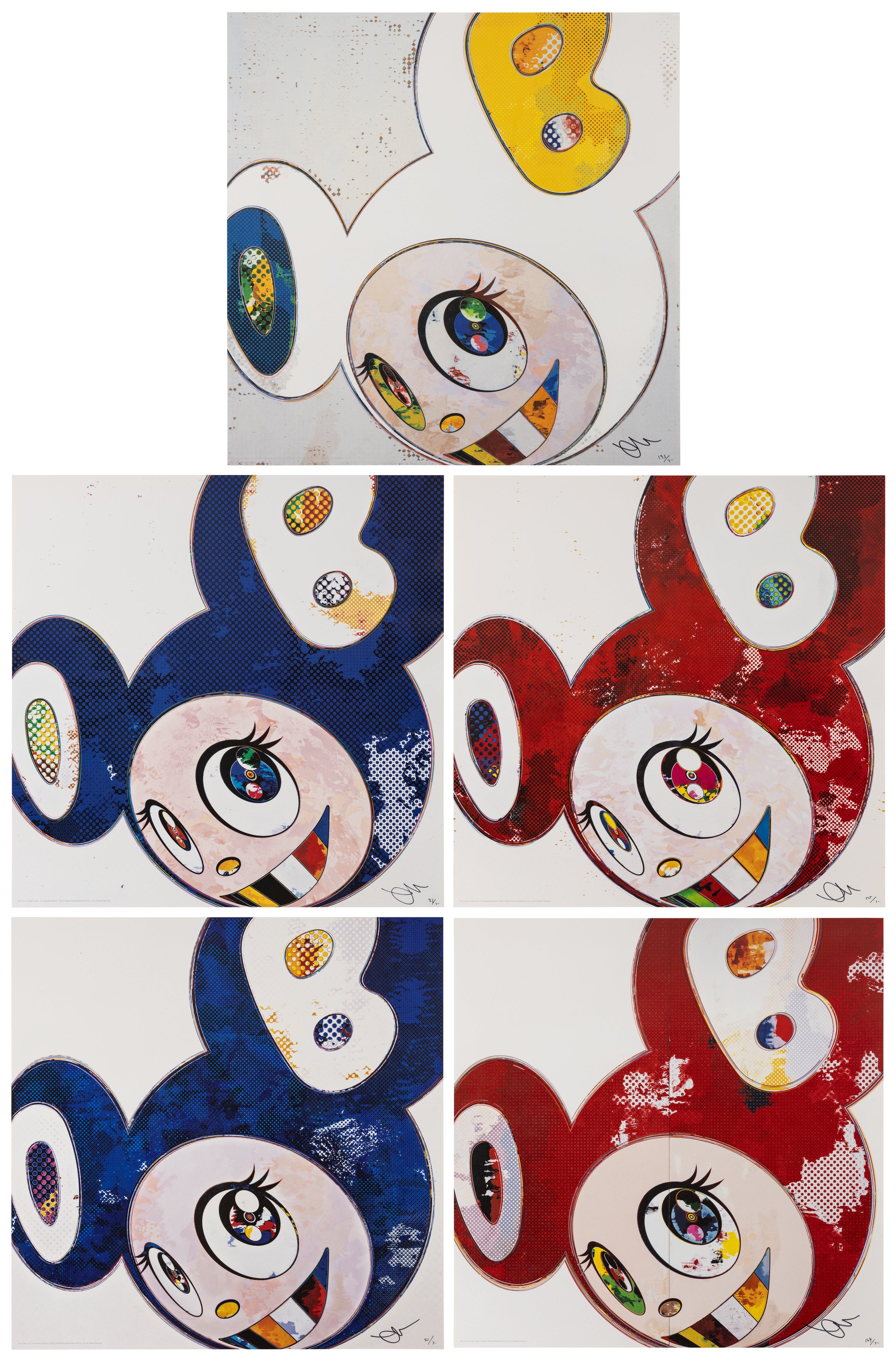 Takashi Murakami — And then x 6 White: The Superflat Method, Blue & Yellow Ears,; And then x 6 Marine Blue: The Superflat Method; And then x 6 Red; And then x 6 Vermilliom:The Superflat Method; And then x 727 Ultramarine: GUNJO