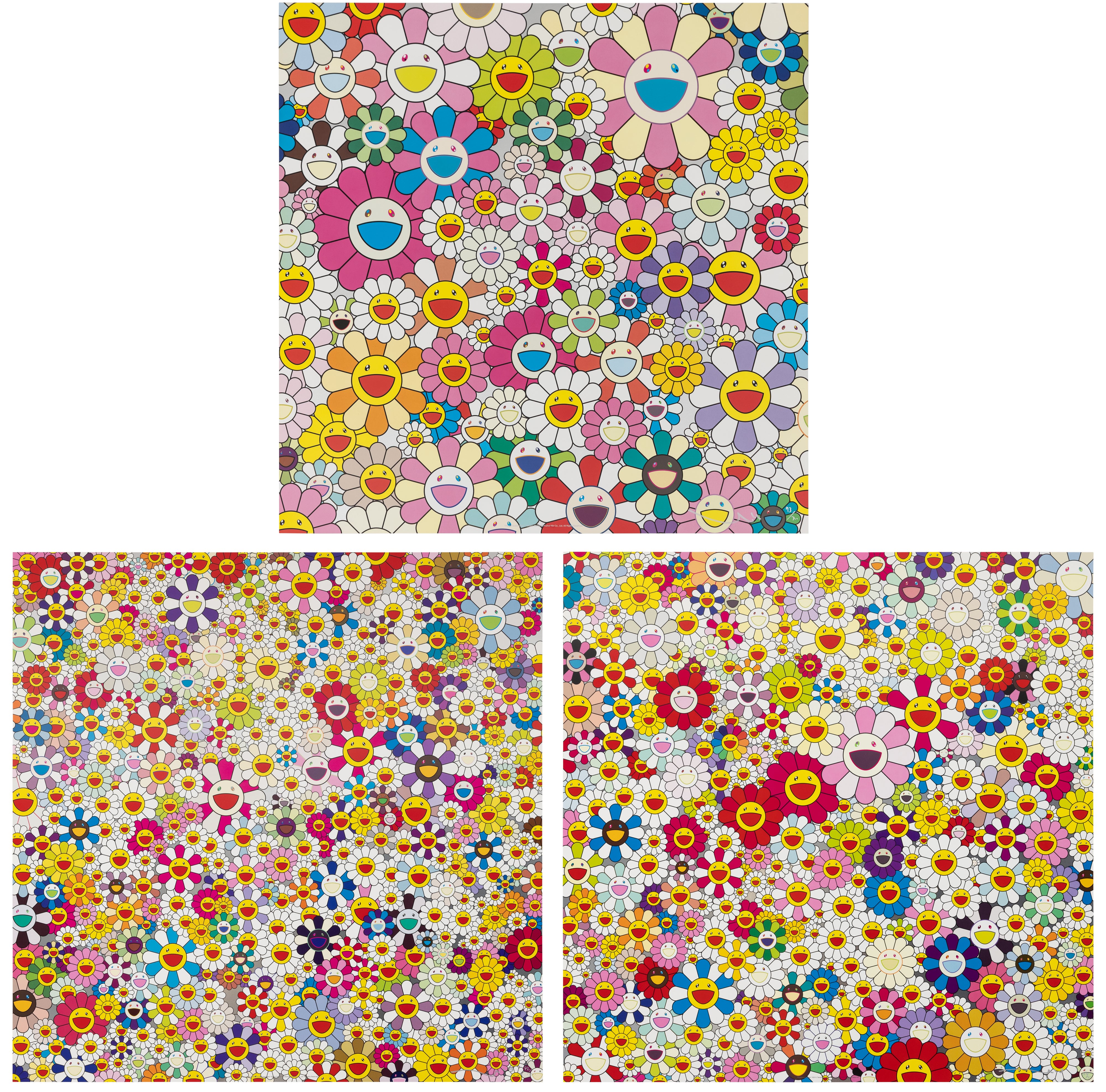 Takashi Murakami — Flower Smile; Open Your Hands Wide, Embrance Happiness!; and Flowers in Heaven
