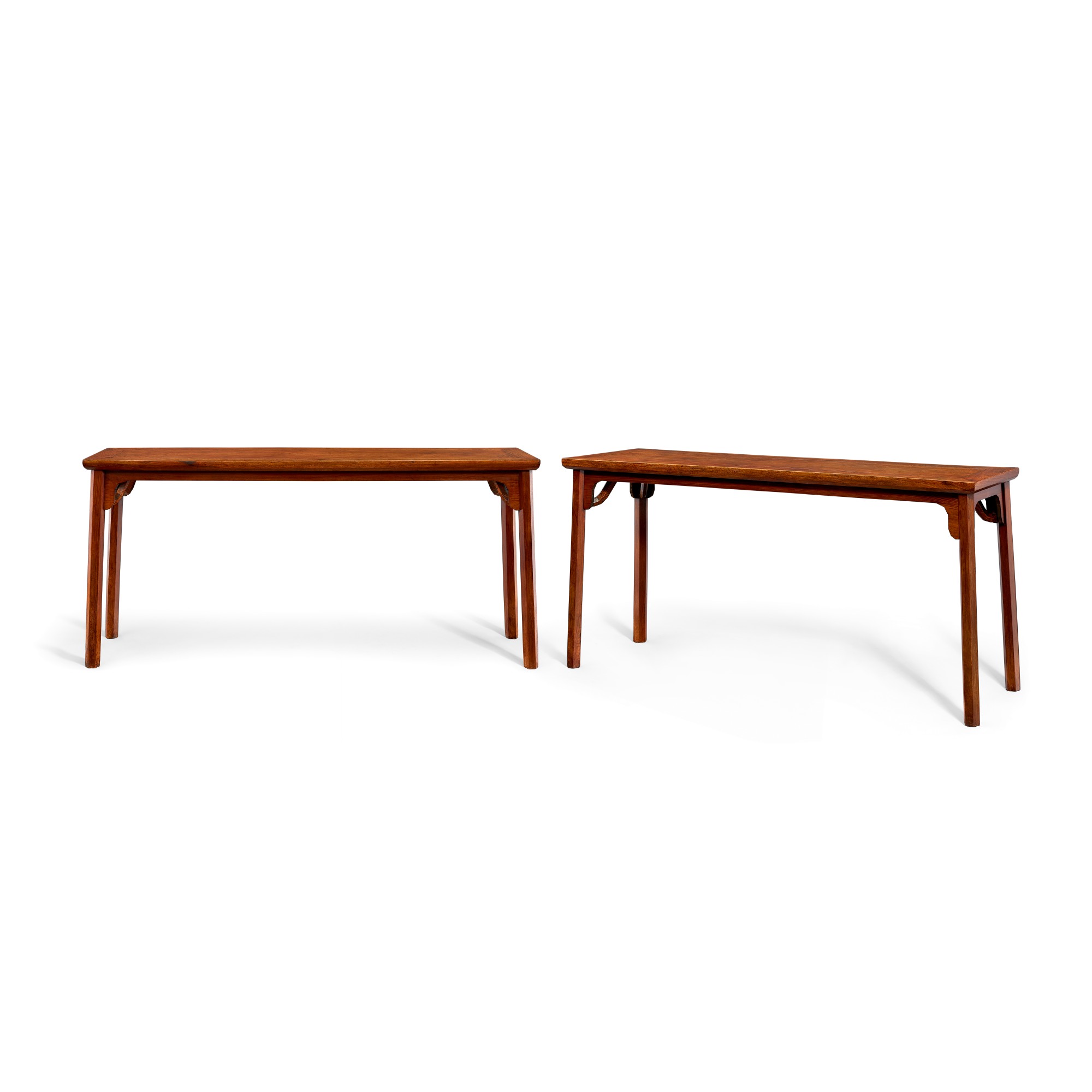 An extremely rare and unusual pair of large huanghuali corner-leg side tables, tiao'an — 明末至清初 黃花梨六方材霸王棖條桌成對