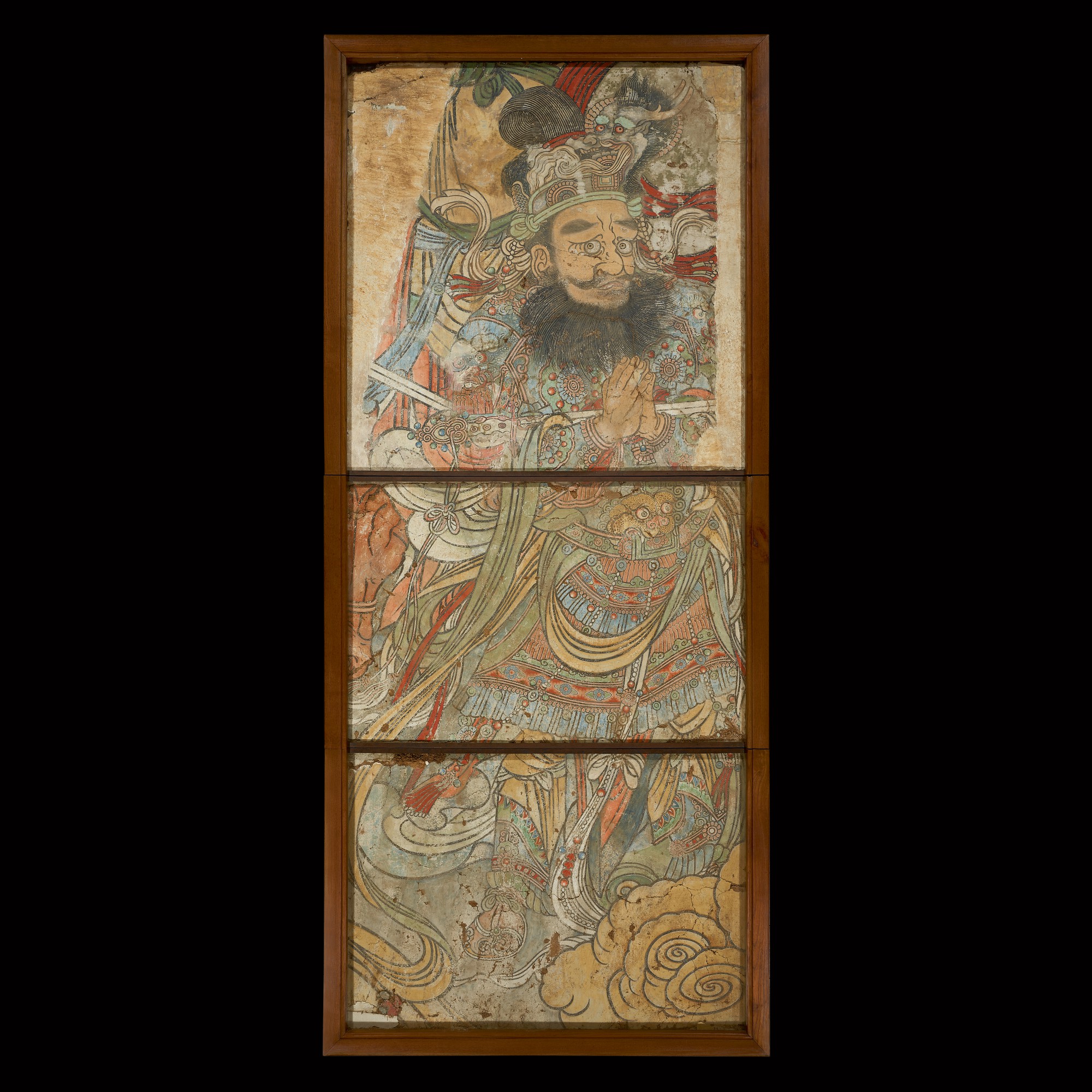 A monumental fragmentary fresco of a guardian king — 宋至元 彩繪天王像壁畫殘片