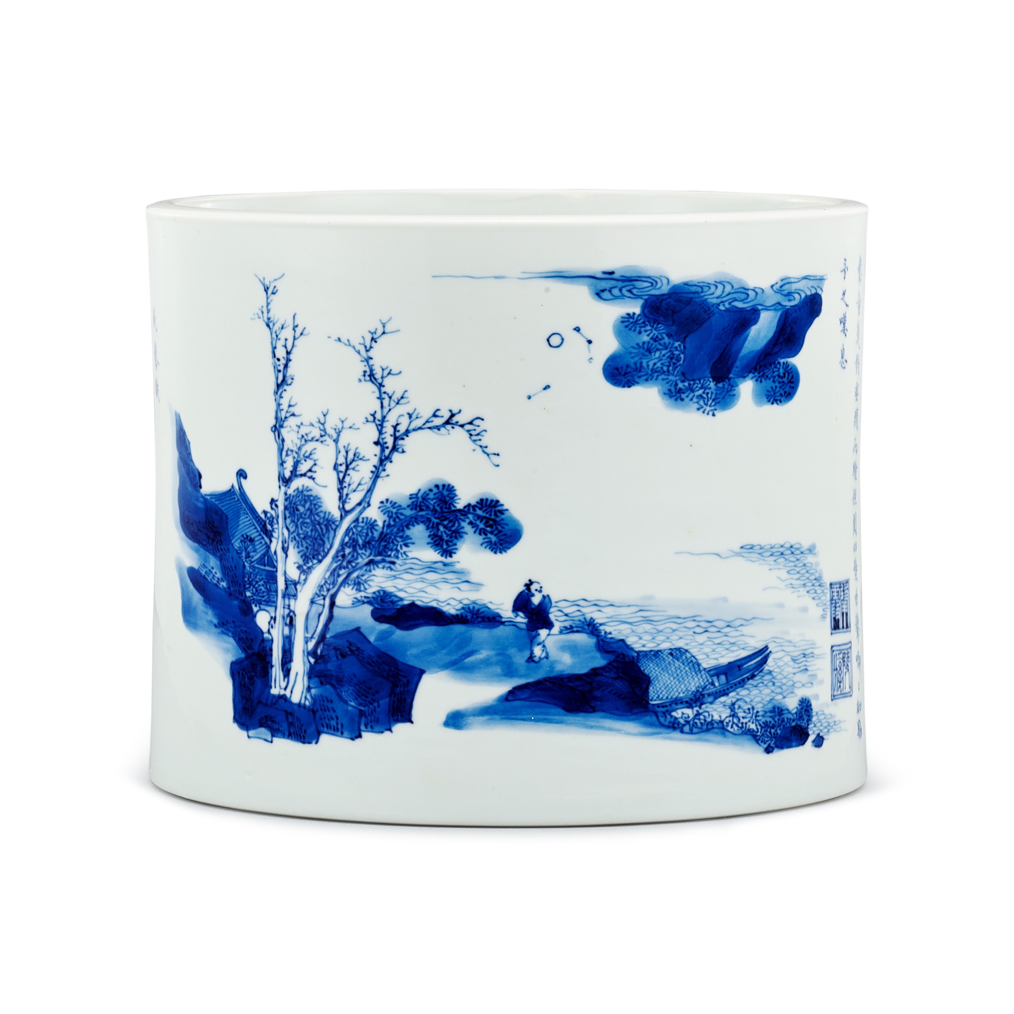 An inscribed blue and white 'fishermen' brushpot — 清康熙 青花題秋聲賦筆筒 《文章山斗》款