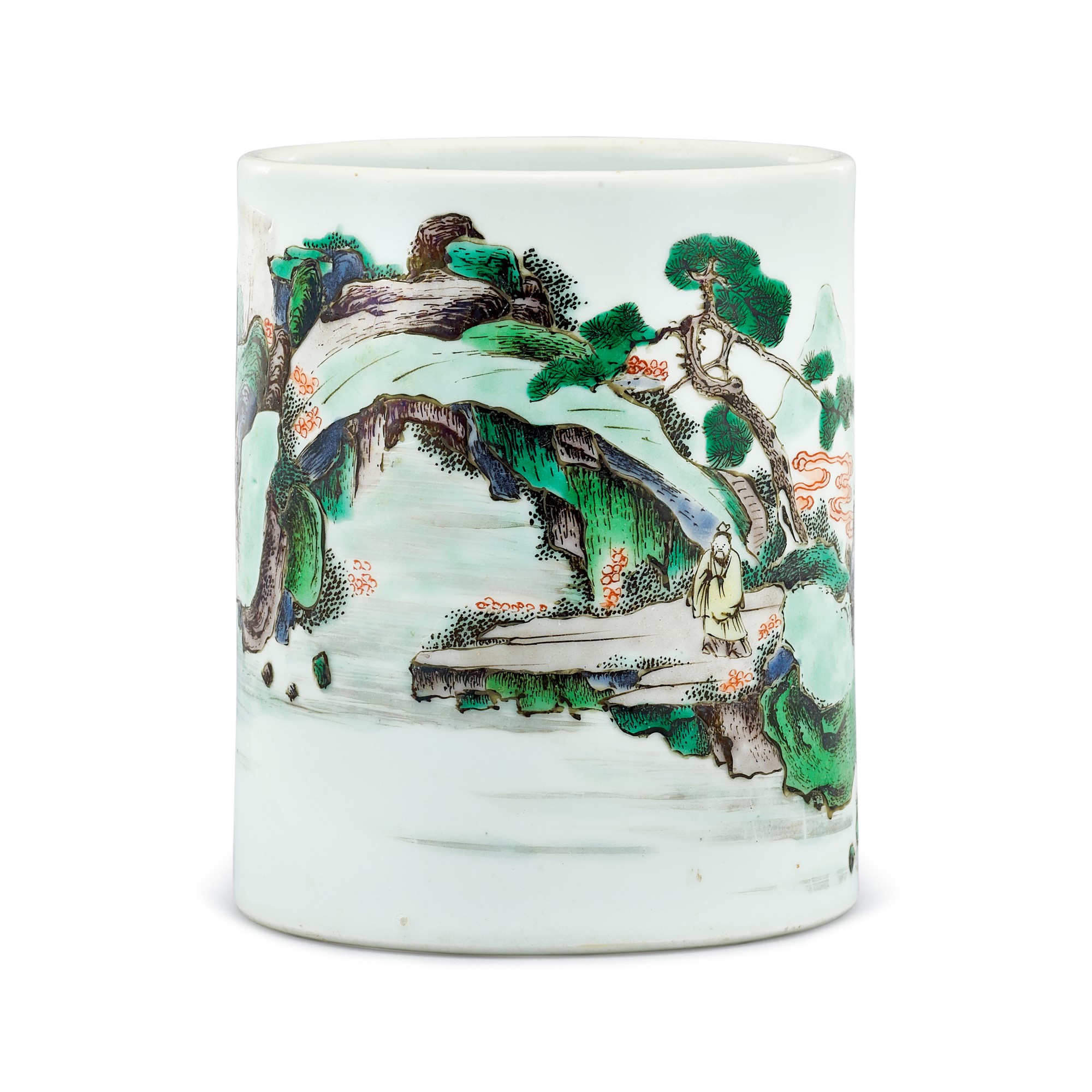 A wucai 'landscape' brushpot — 清康熙 五彩高士山水圖筆筒