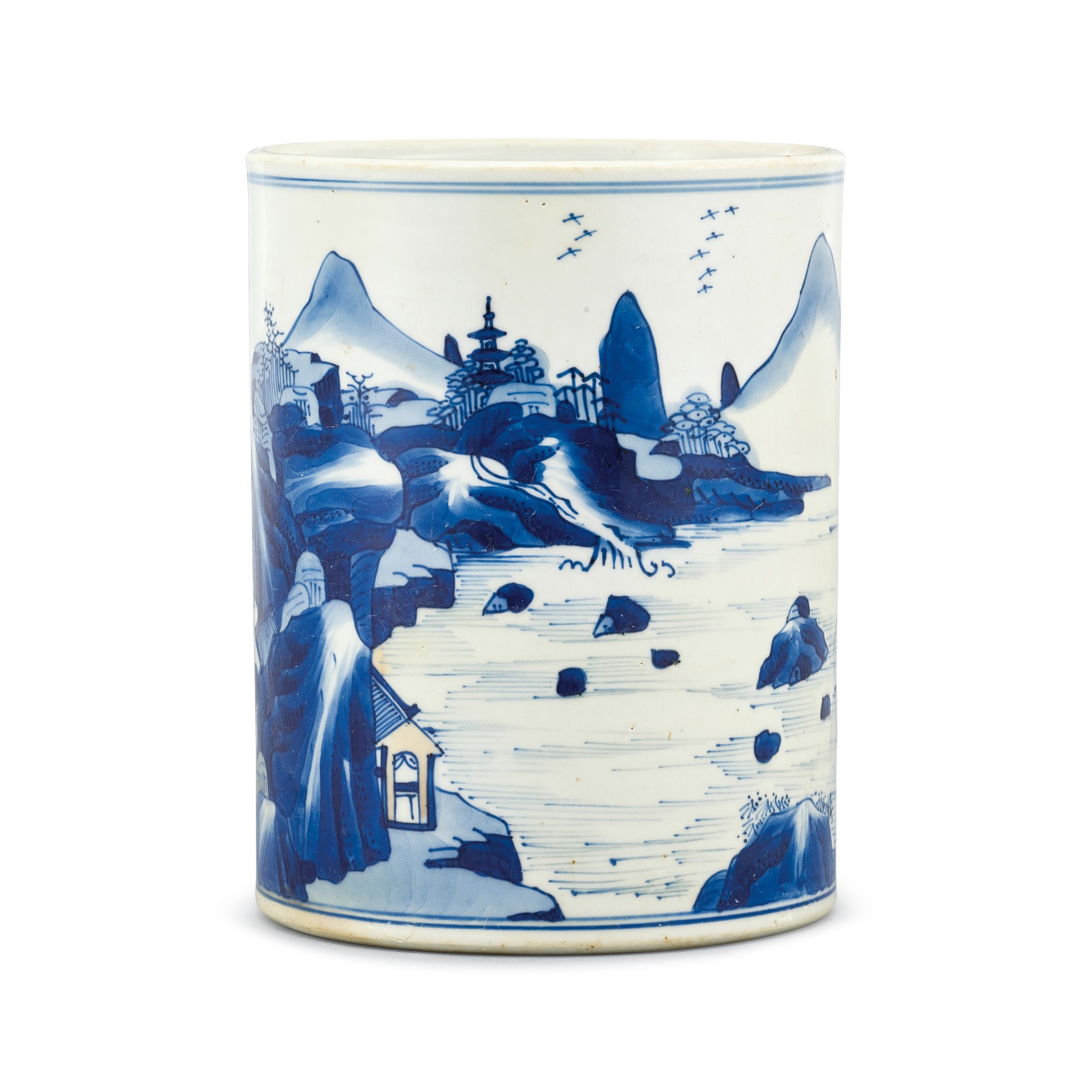 A blue and white 'landscape' brushpot — 清康熙 青花山水圖筆筒