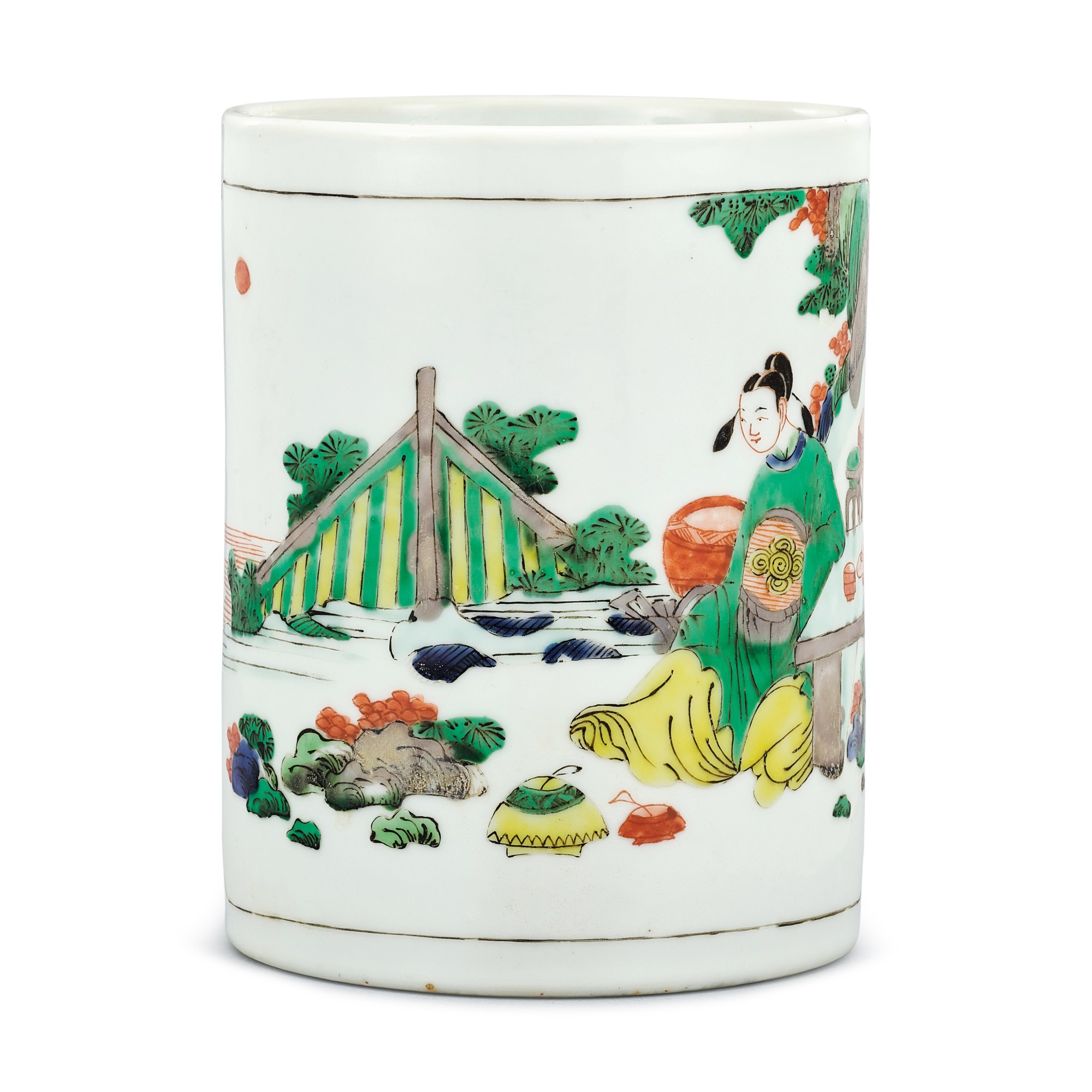 A wucai 'scholar' brushpot Qing dynasty, Kangxi period — 清康熙 五彩高士圖筆筒