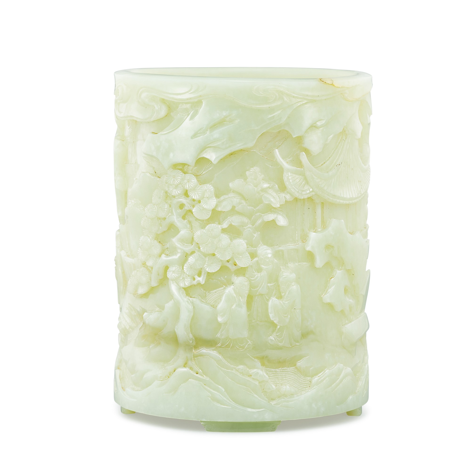 A white jade 'scholars' brushpot Qing dynasty — 清 白玉高士賞遊圖筆筒