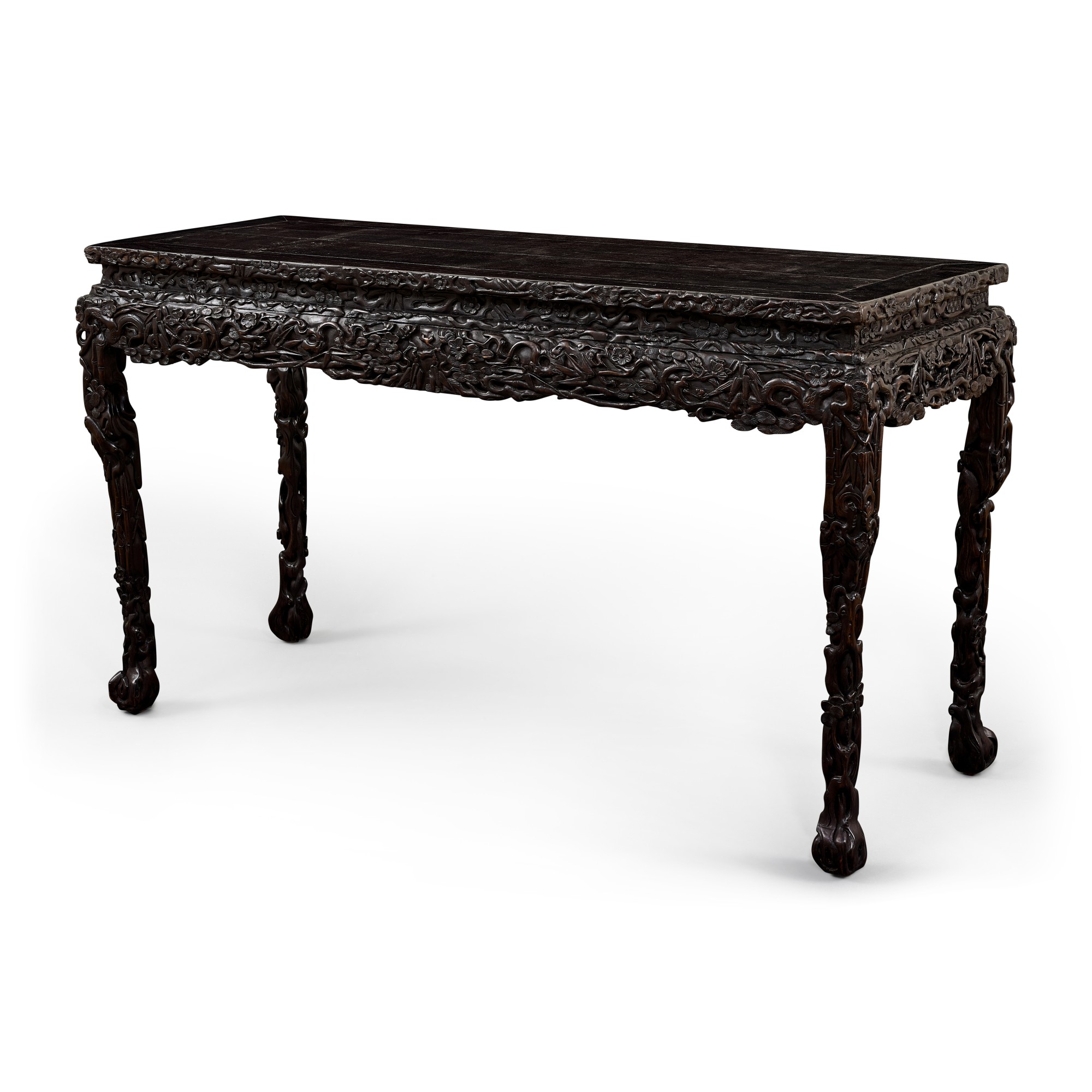 A zitan and hardwood carved 'three friends' table — 清十九世紀 紫檀硬木浮雕歲寒三友紋桌