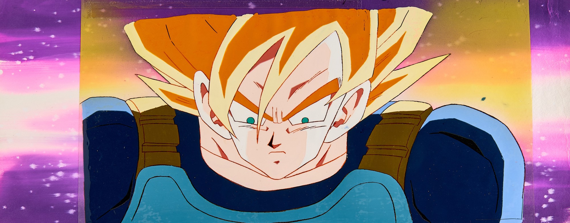 Dragon Ball Z by Toei Animation Co., Ltd. — 穿撒亞人戰鬥服的超級撒亞人孫悟空（移動定位) 賽璐璐附手繪原裝背景