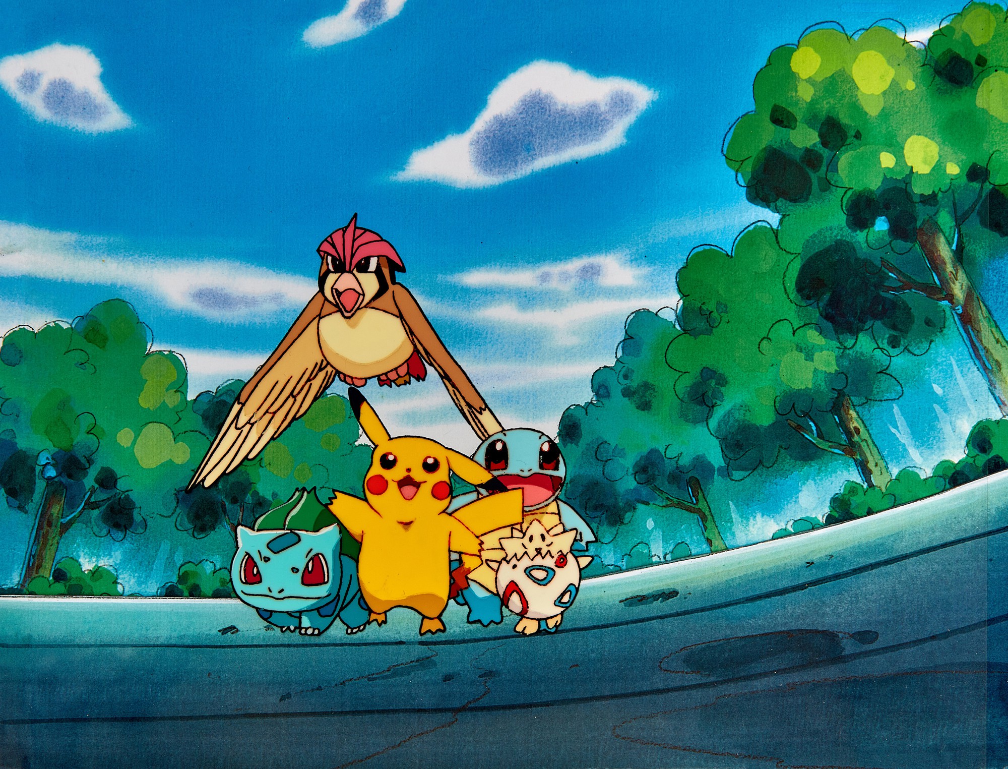 Pokémon by OLM, Inc. — 精靈寶可夢團比卡超、奇異種子、波克比、比比鳥和傑尼龜賽璐璐，附印刷背景