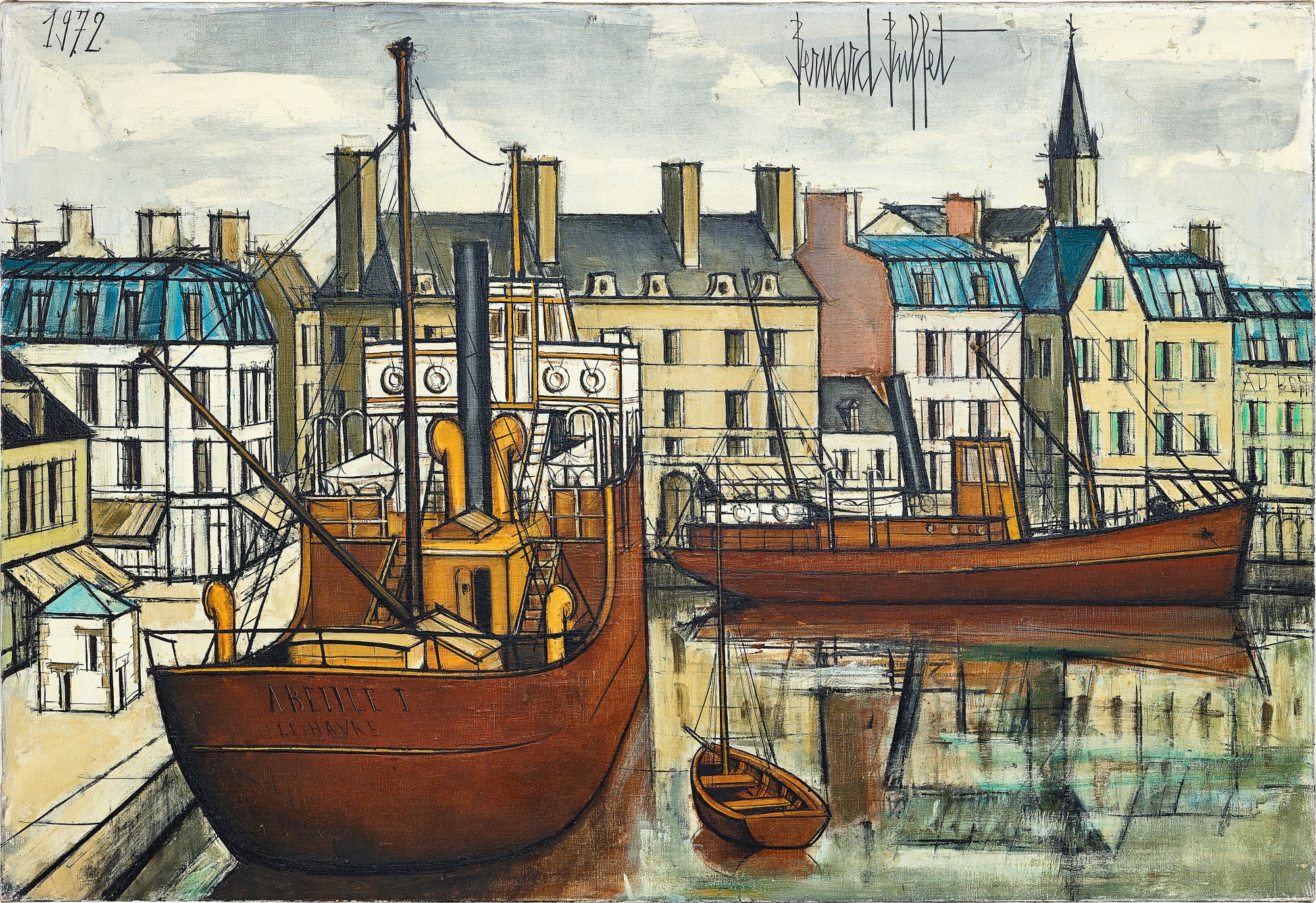 Bernard Buffet — Paimpol, remorqueurs dans le bassin  潘波勒，港口拖船