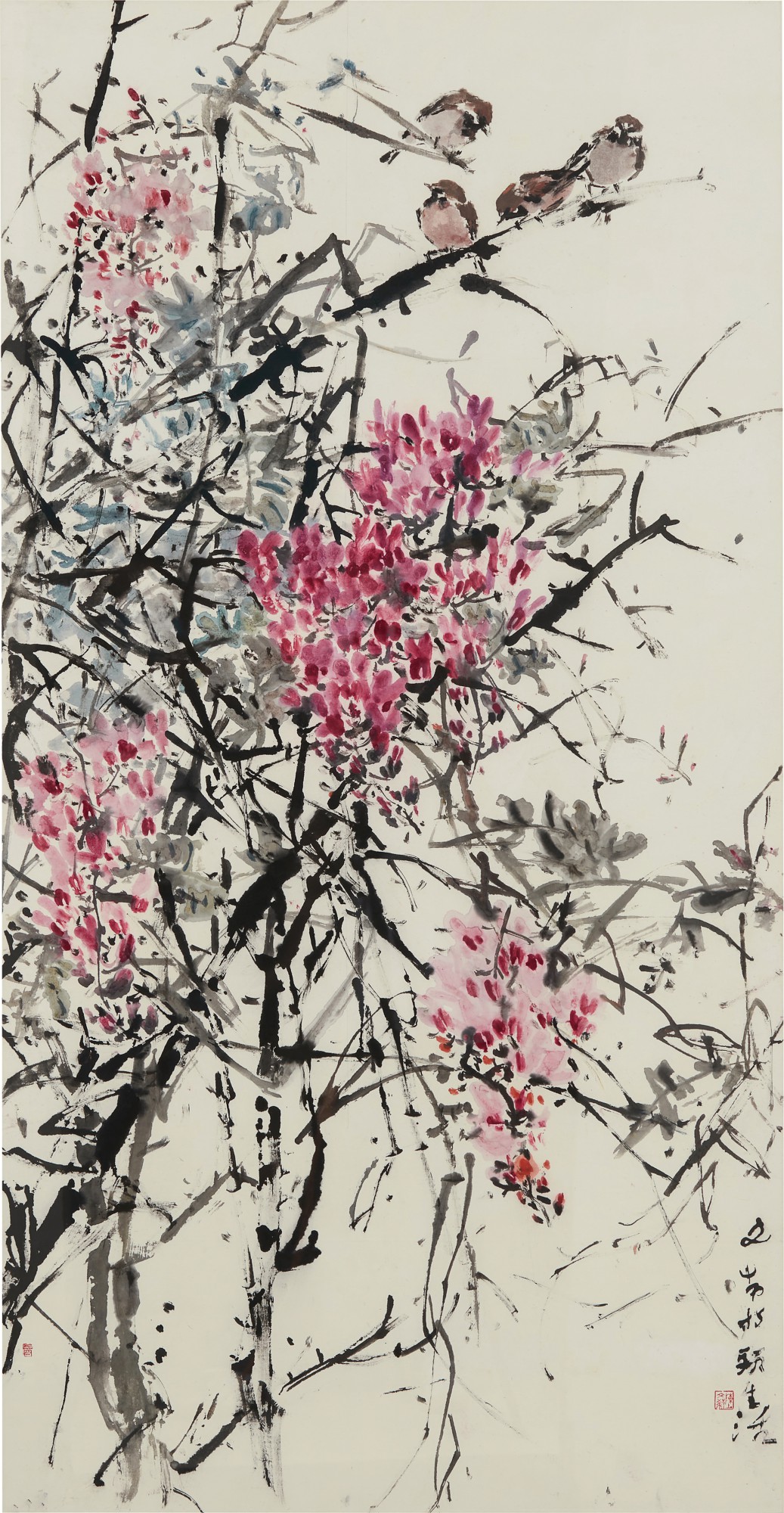 Chen Wen Hsi — Sparrows amongst Flowers  花叢中的麻雀