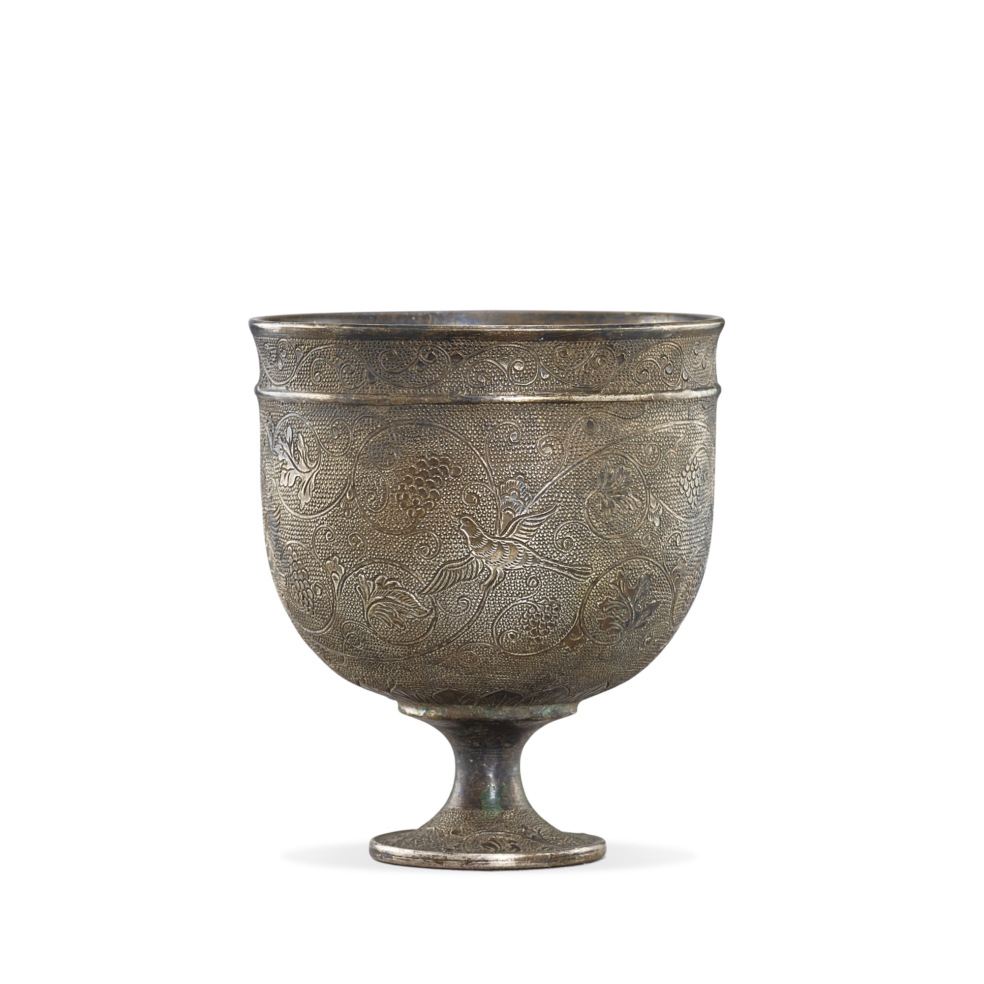 A silver stem cup, — A silver stem cup, Tang dynasty  唐 銀鏨纏枝葡萄鳥紋高足盃