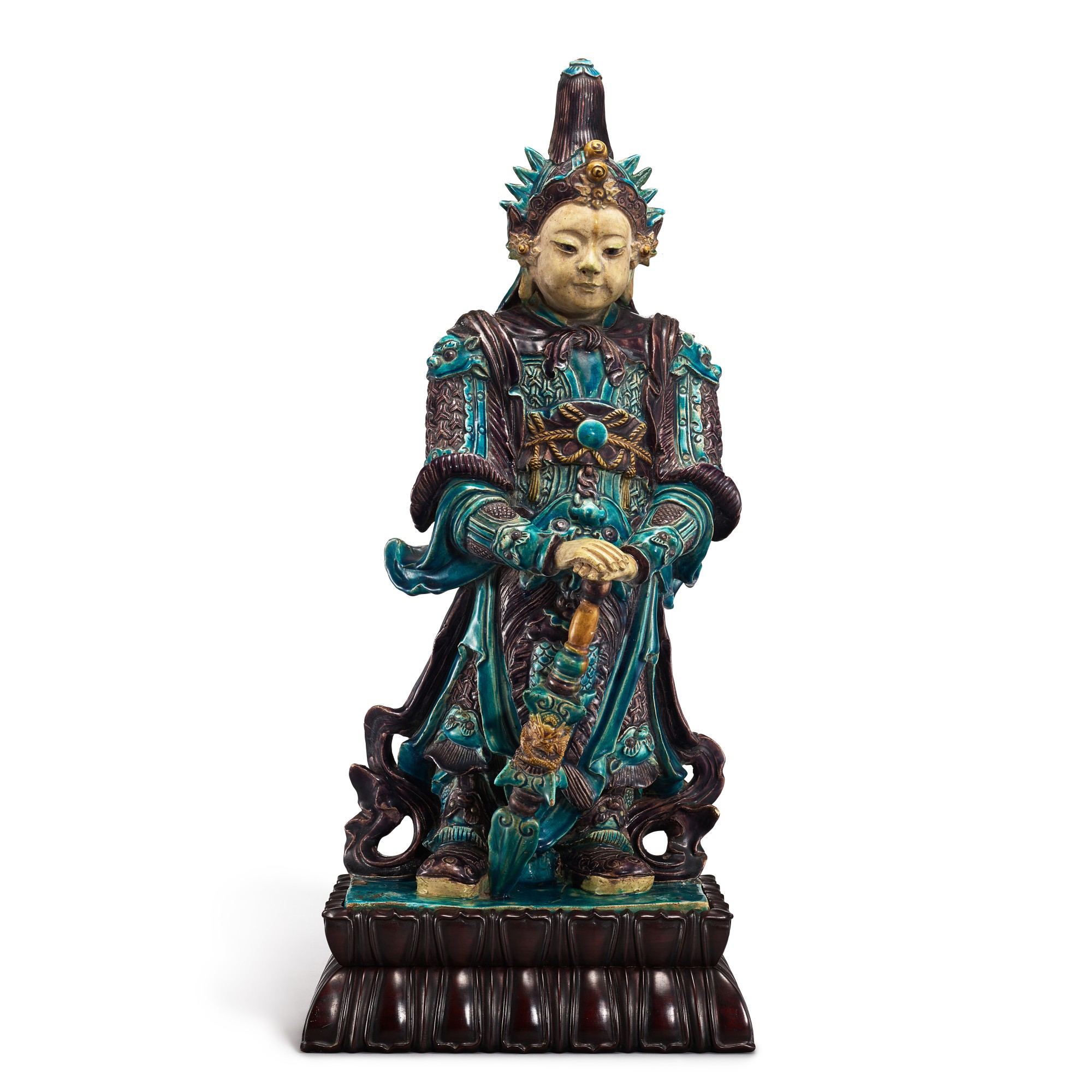 A large standing figure of Weituo, — A large standing figure of Weituo, Ming dynasty 明 琉璃釉韋陀立像