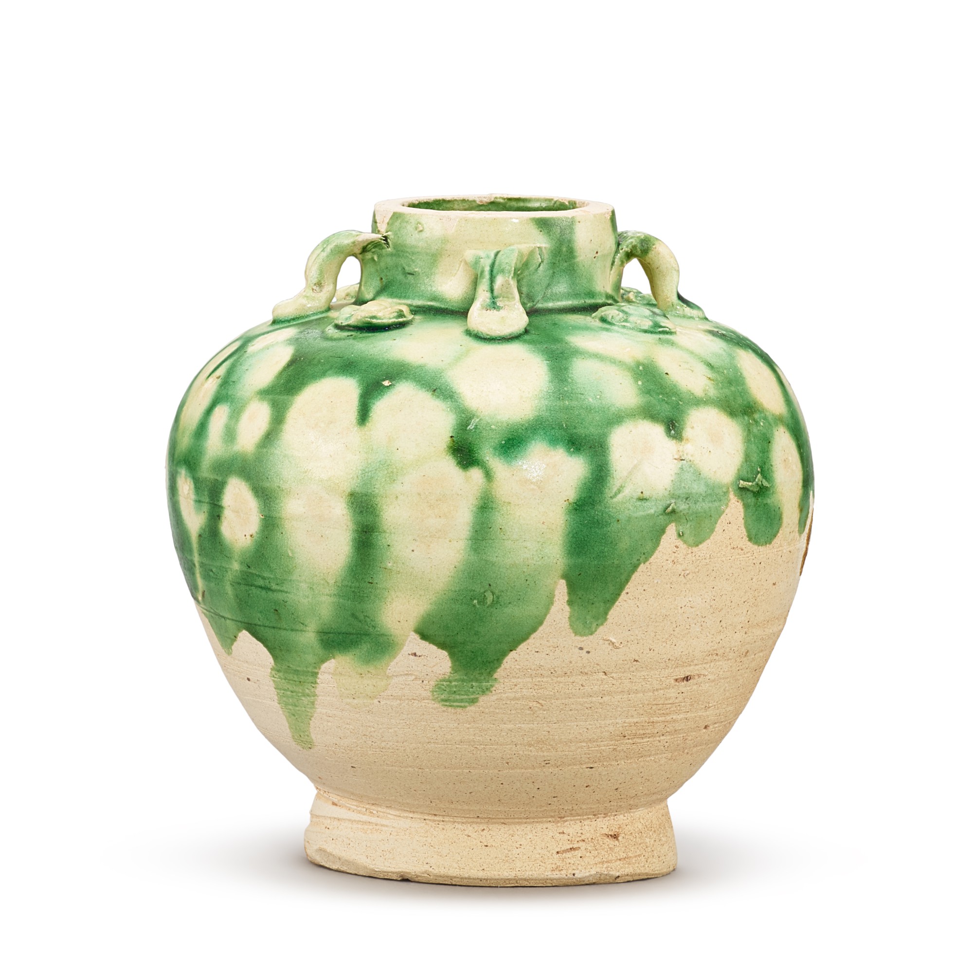 Unknown (Historical) — A green-splashed appliqué-decorated jarlet, Tang dynasty 唐 綠釉貼花四繫小罐