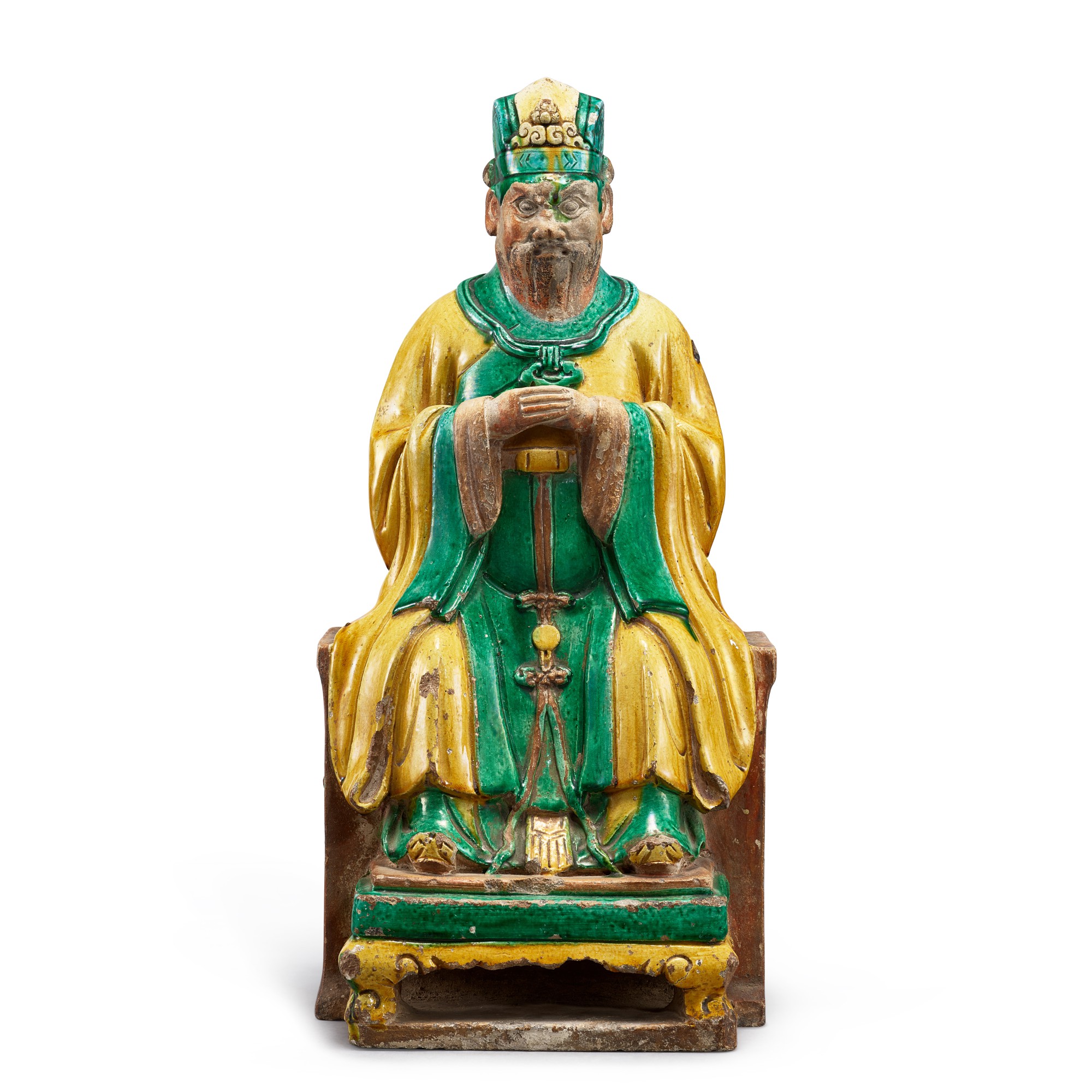 A yellow and green-glazed seated figure of Wenchang, — A yellow and green-glazed seated figure of Wenchang, Early Qing dynasty 清初 黄綠彩文昌帝君坐像