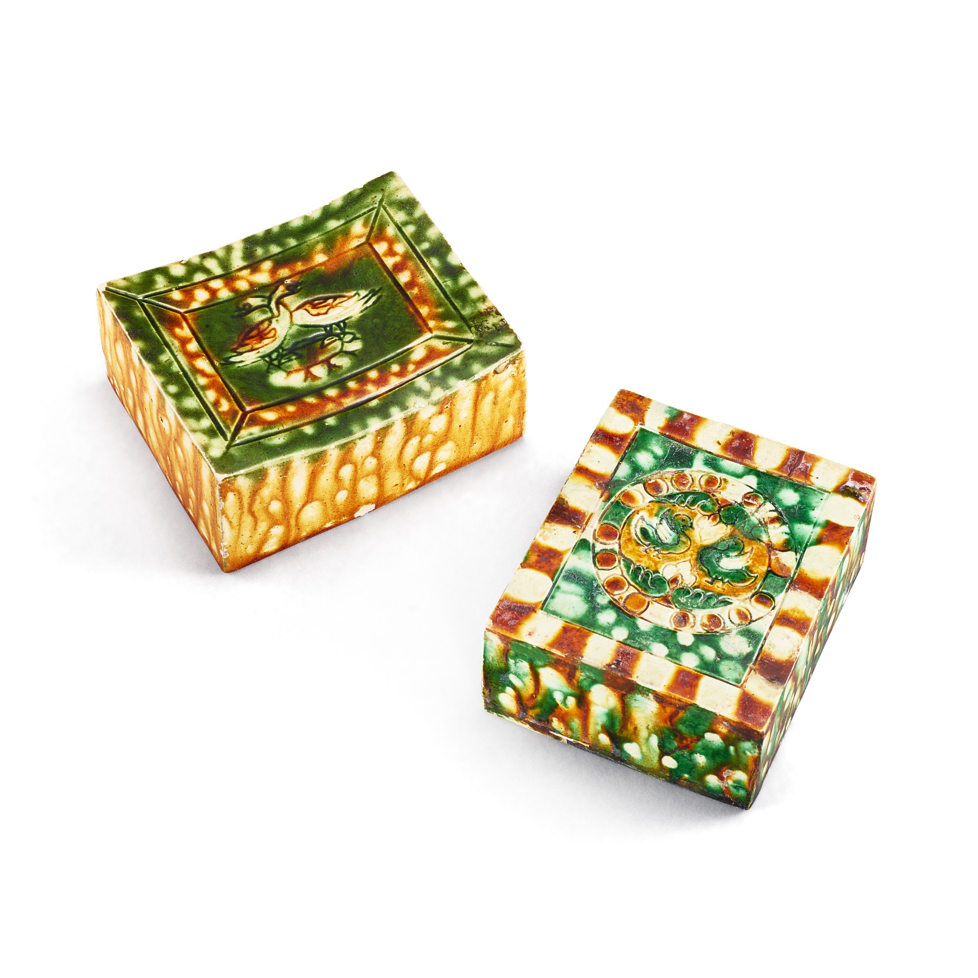 Unknown — Two sancai 'mandarin ducks' pillows, Tang dynasty 唐 三彩鴛鴦紋長方枕一組兩件