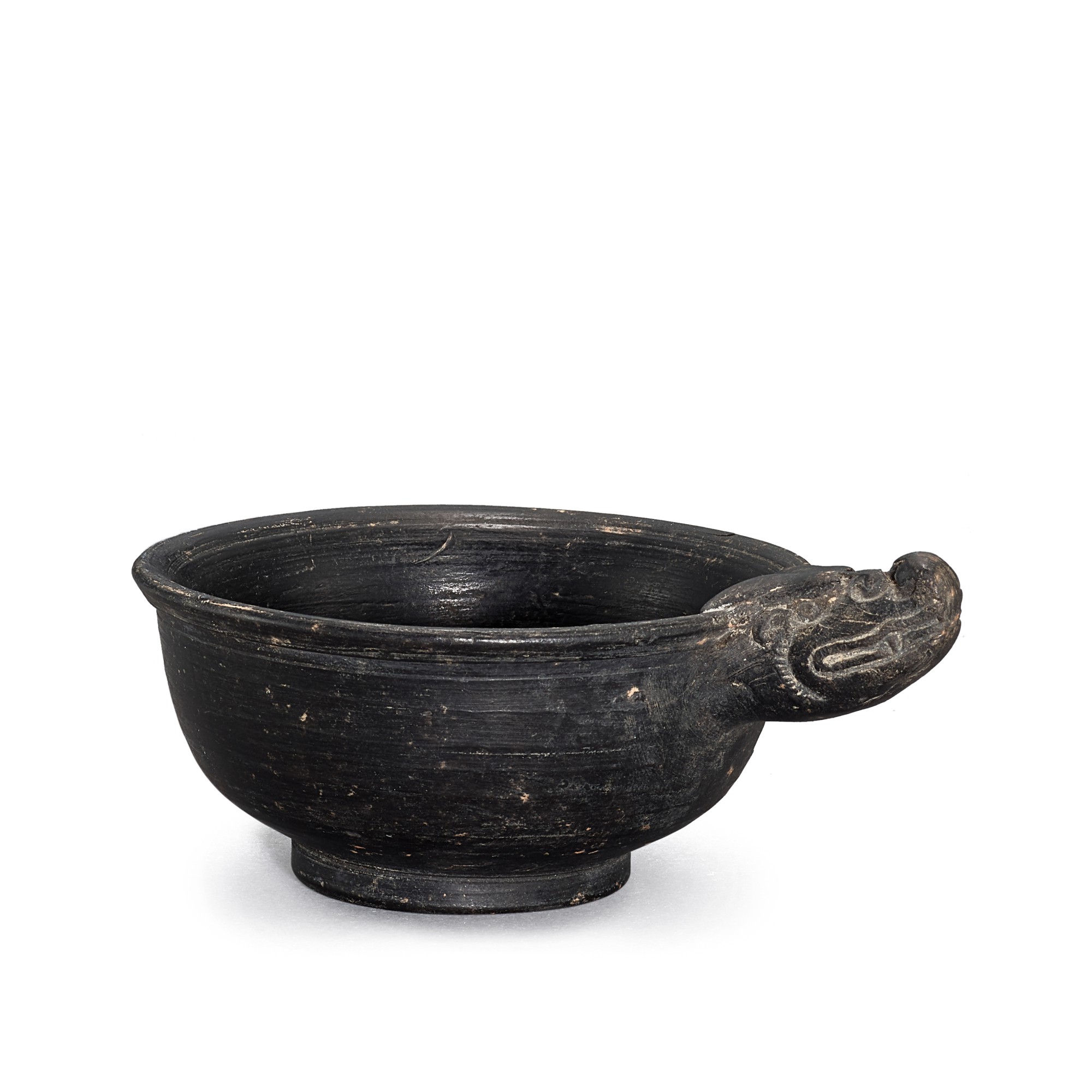 A black pottery dragon-handled cup, — A black pottery dragon-handled cup, Yuan dynasty 元 黑陶龍首盃