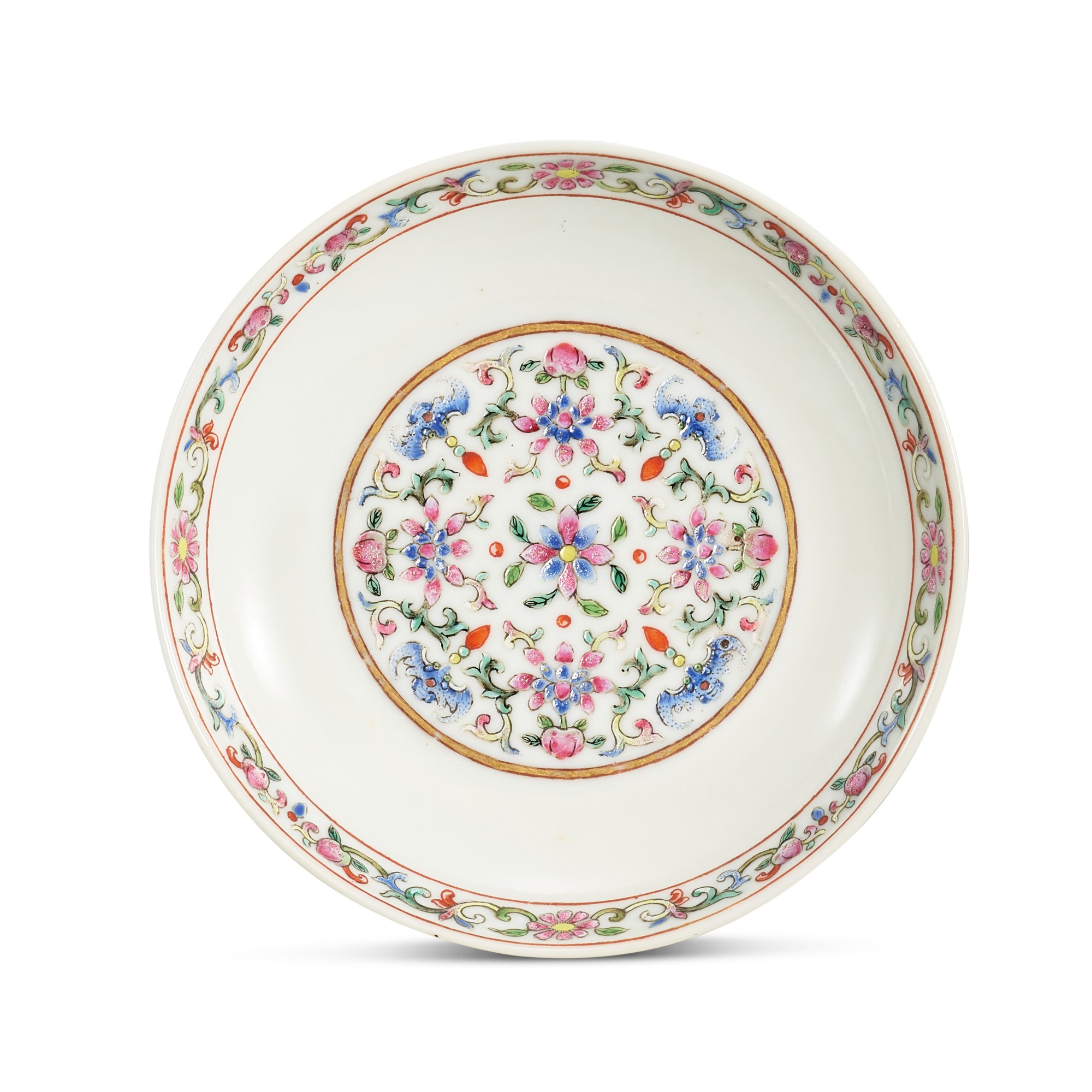 A famille-rose 'lotus' dish, — A famille-rose 'lotus' dish, Seal mark and period of Daoguang 清道光 粉彩三多蓮紋盤  《大清道光年製》款