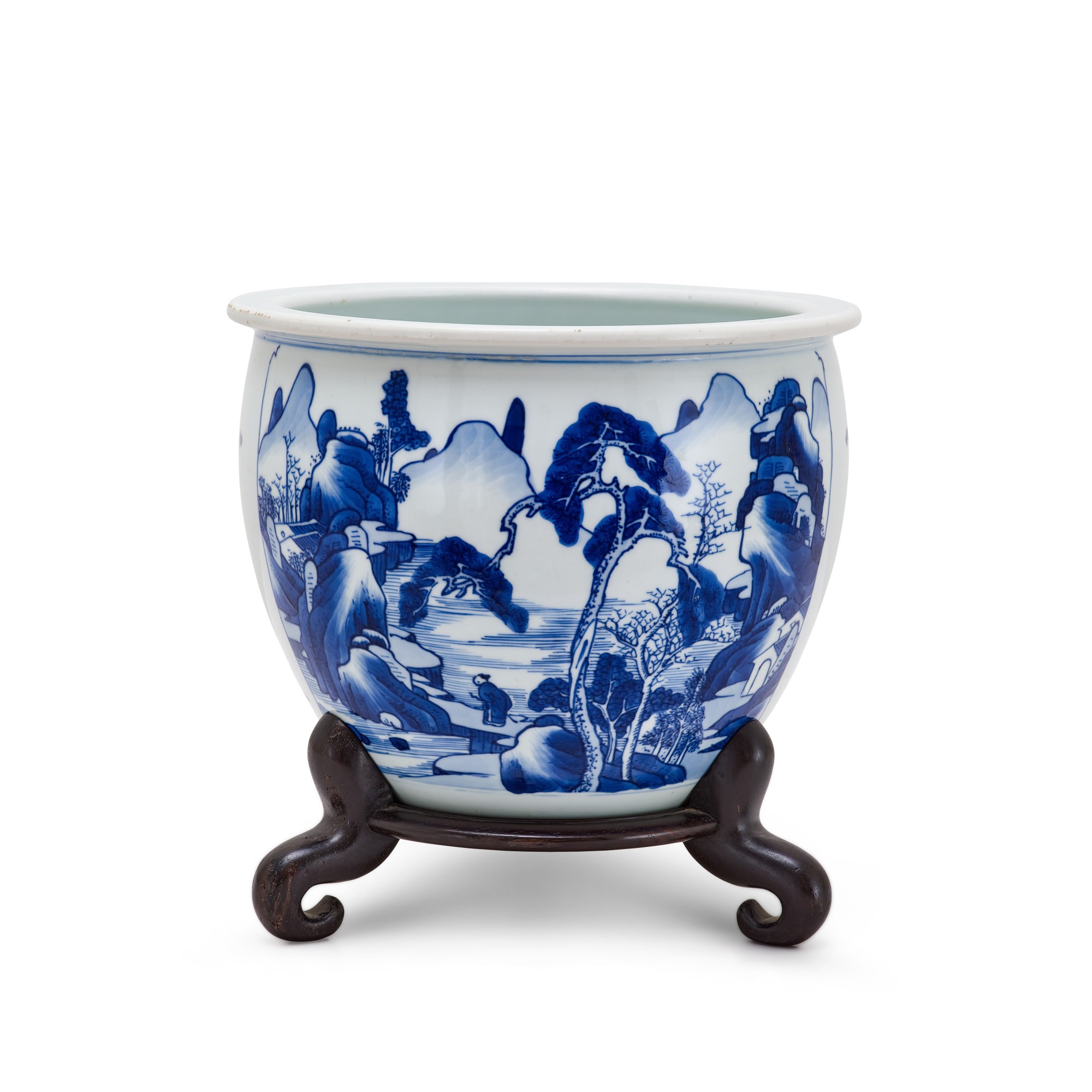A blue and white 'landscape' jardinière, — A blue and white 'landscape' jardinière, Qing dynasty, Kangxi period 清康熙 青花山水人物圖缸