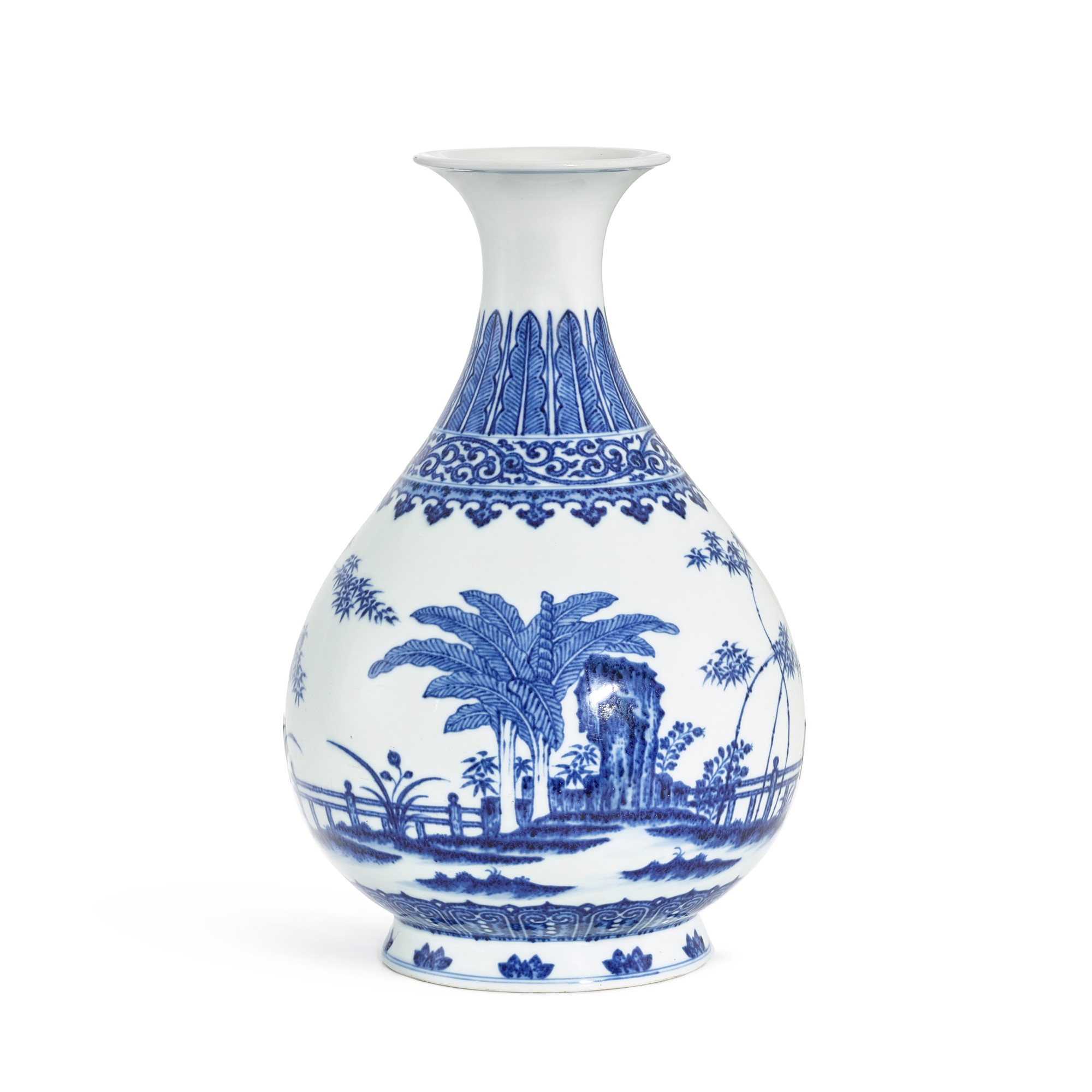 A blue and white vase, yuhuchunping, — A blue and white vase, yuhuchunping, Seal mark and period of Qianlong  清乾隆 青花竹石芭蕉紋玉壺春瓶  《大清乾隆年製》款
