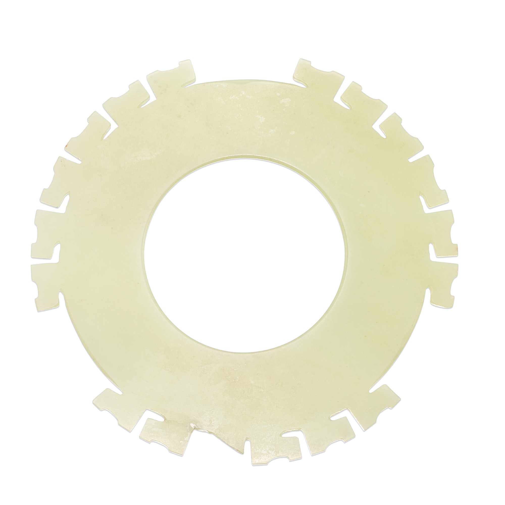 A white jade notched disc, — A white jade notched disc, Western Zhou dynasty or later 西周或以後 白玉出脊環