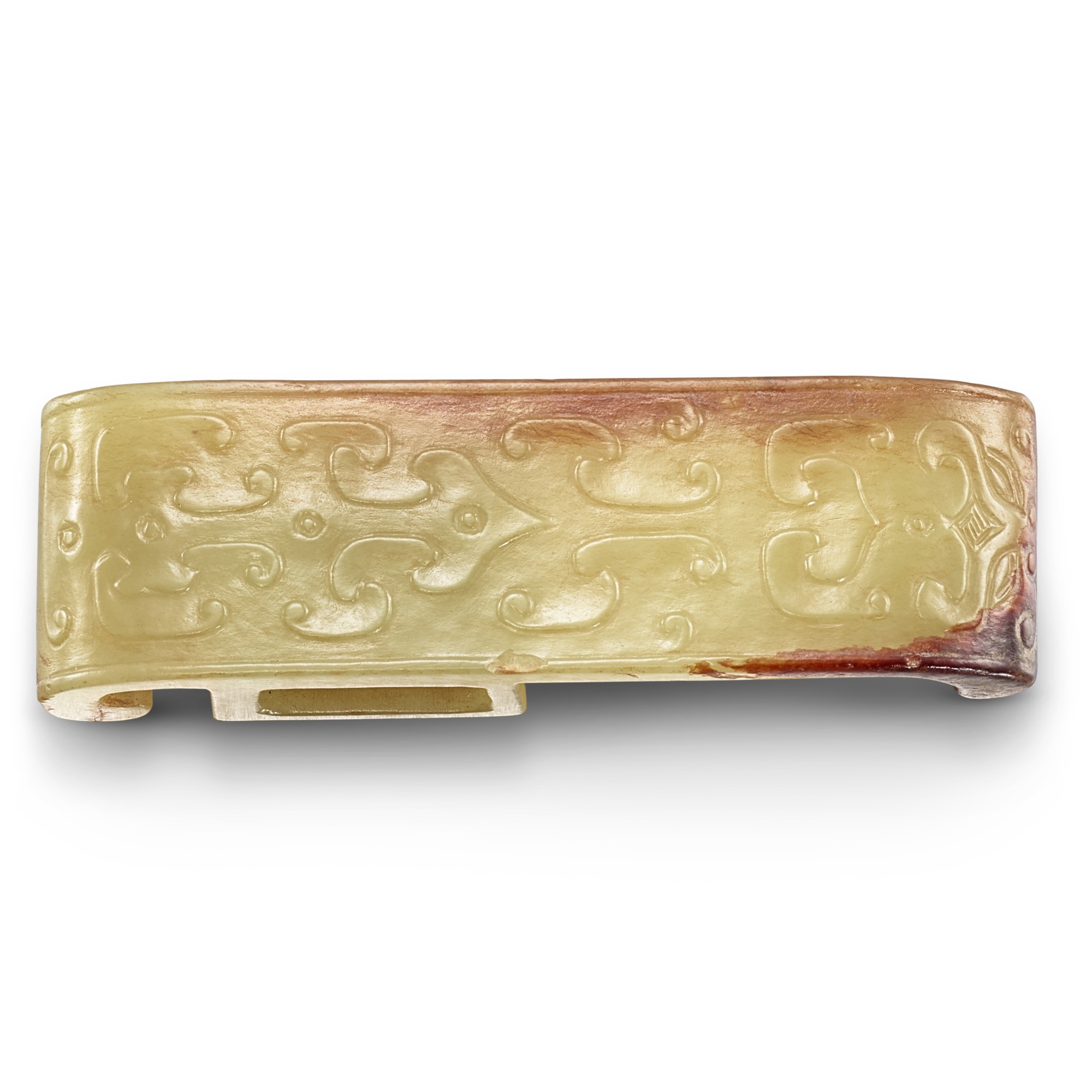 An archaistic yellow and russet jade scabbard slide, — An archaistic yellow and russet jade scabbard slide, Ming - Qing dynasty  明至清 黃玉劍璏